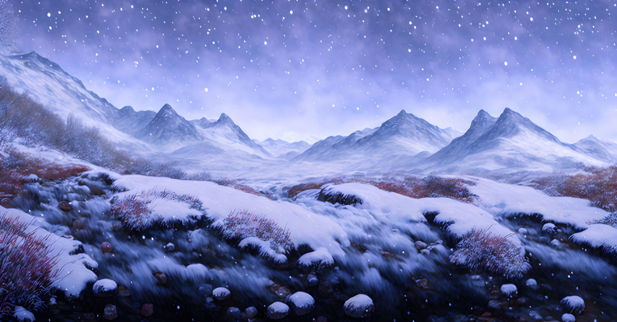 Snow-covered mountains under starry sky in tranquil winter night landscape