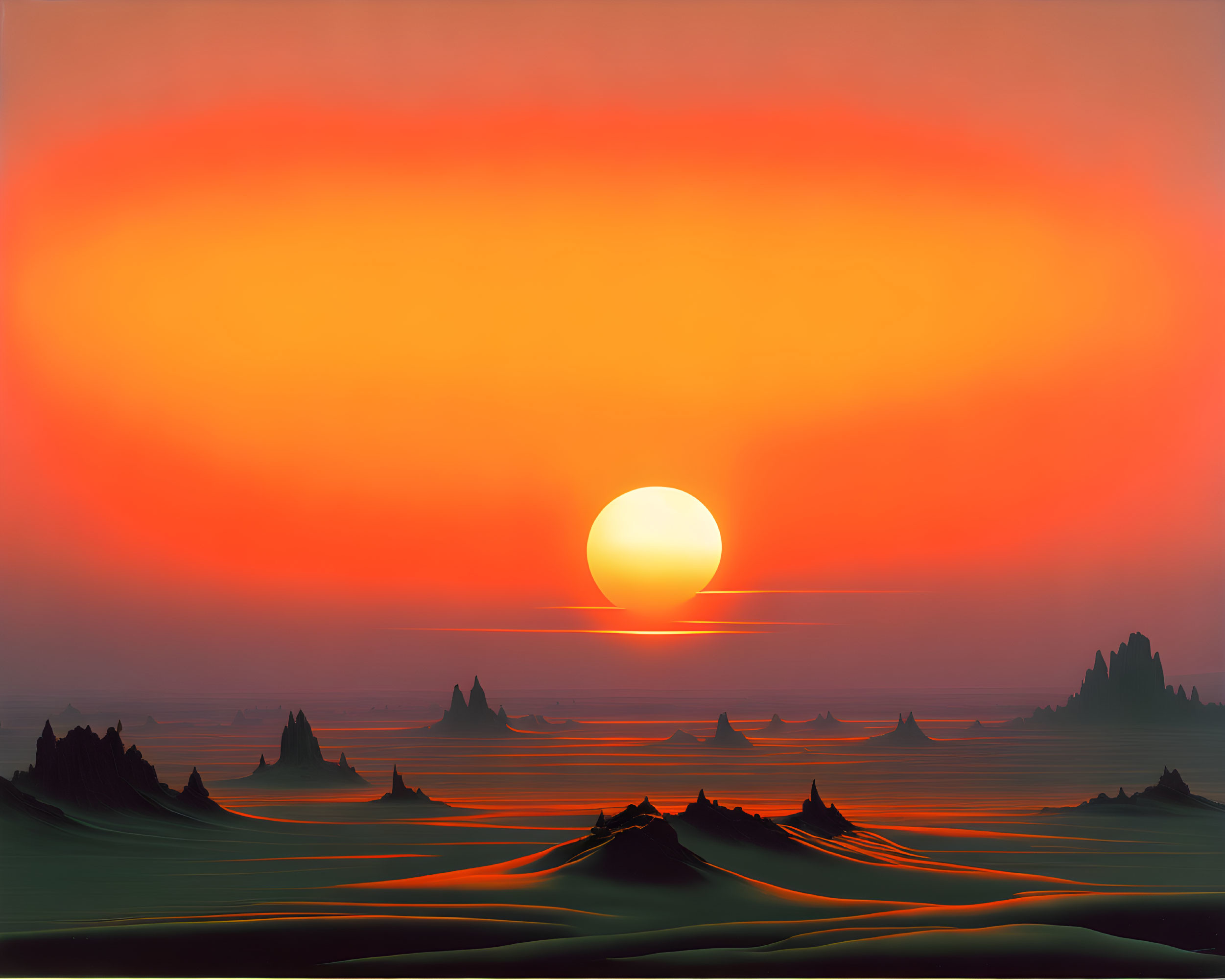 Vivid sunset over surreal landscape with large sun on horizon