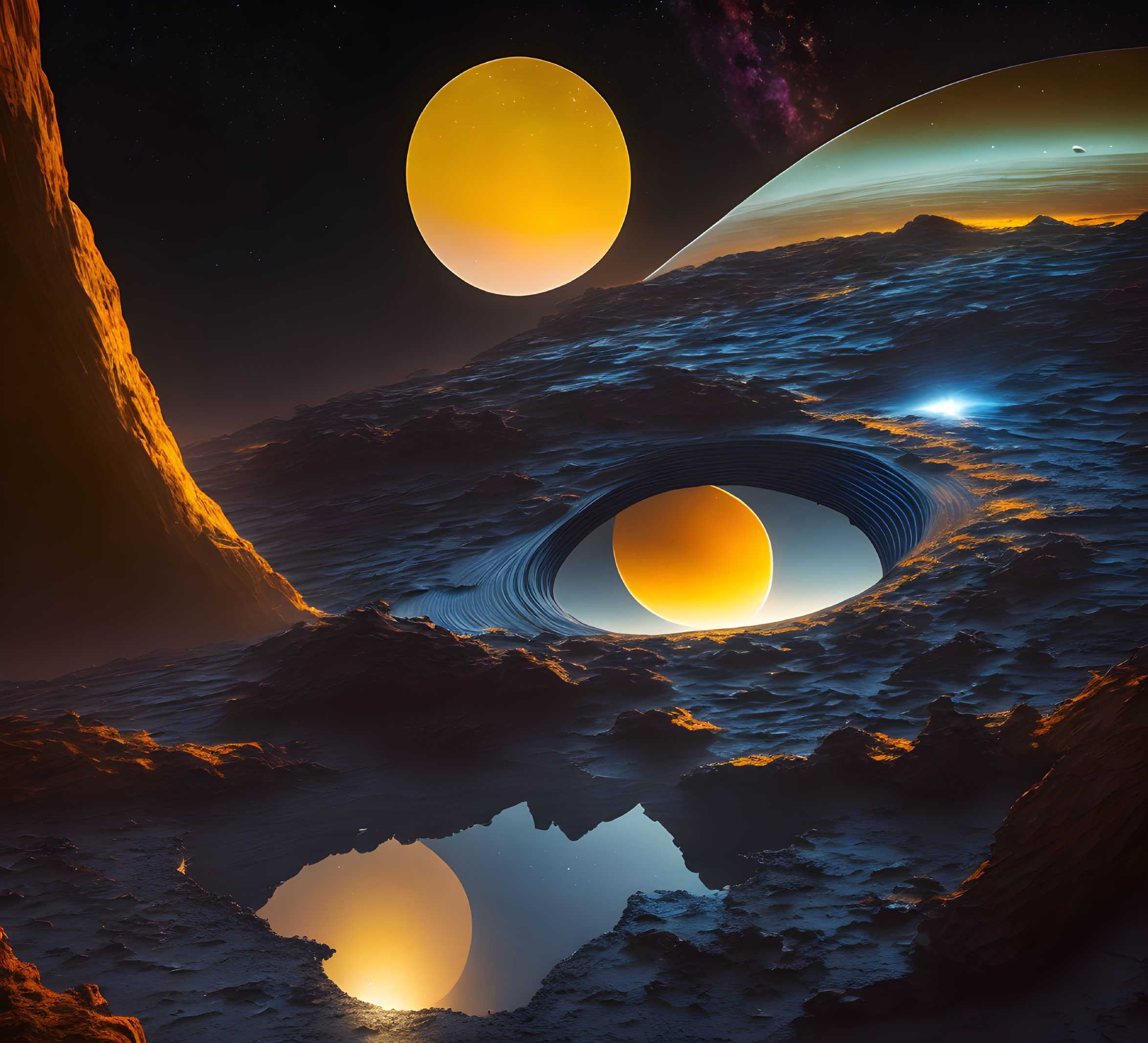 Futuristic sci-fi landscape with ringed planet, moon, black hole, and reflections.