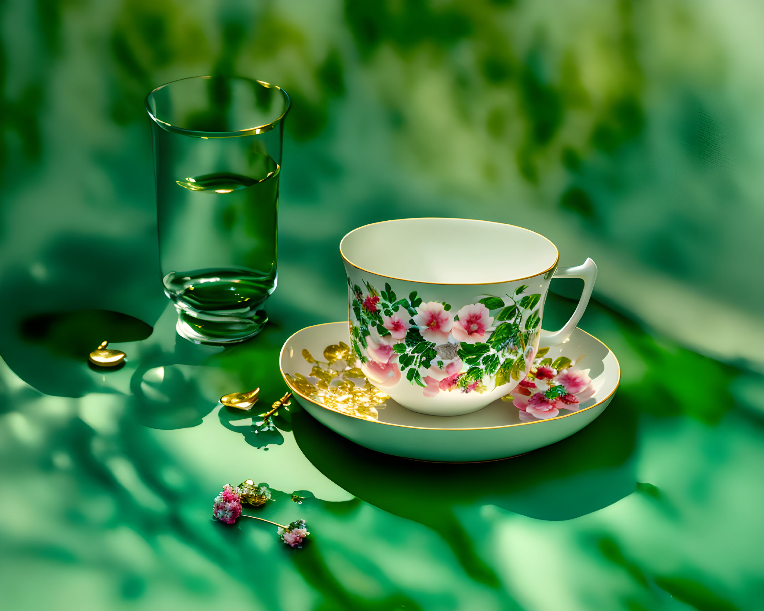 Floral teacup and saucer set with gold trim on green backdrop beside glass of water