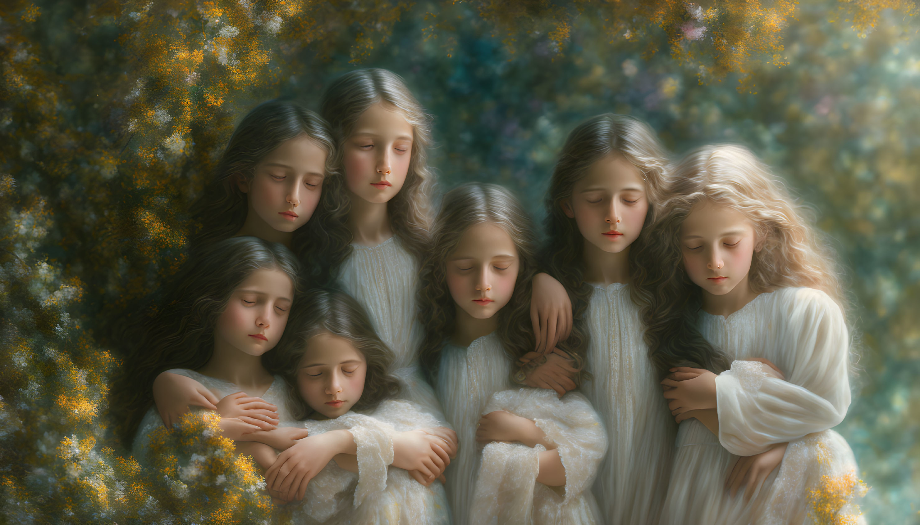 Seven serene girls in white dresses with closed eyes, huddled in floral setting