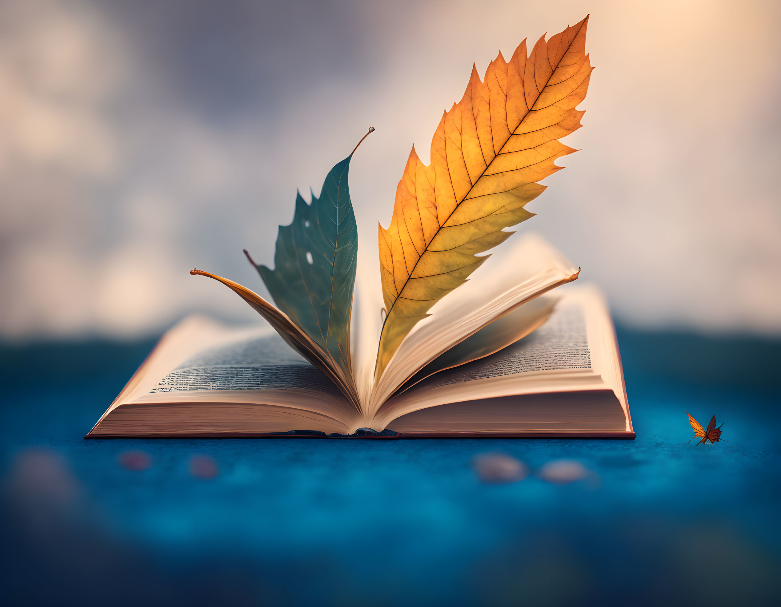 Autumn leaf on open book against blue bokeh background