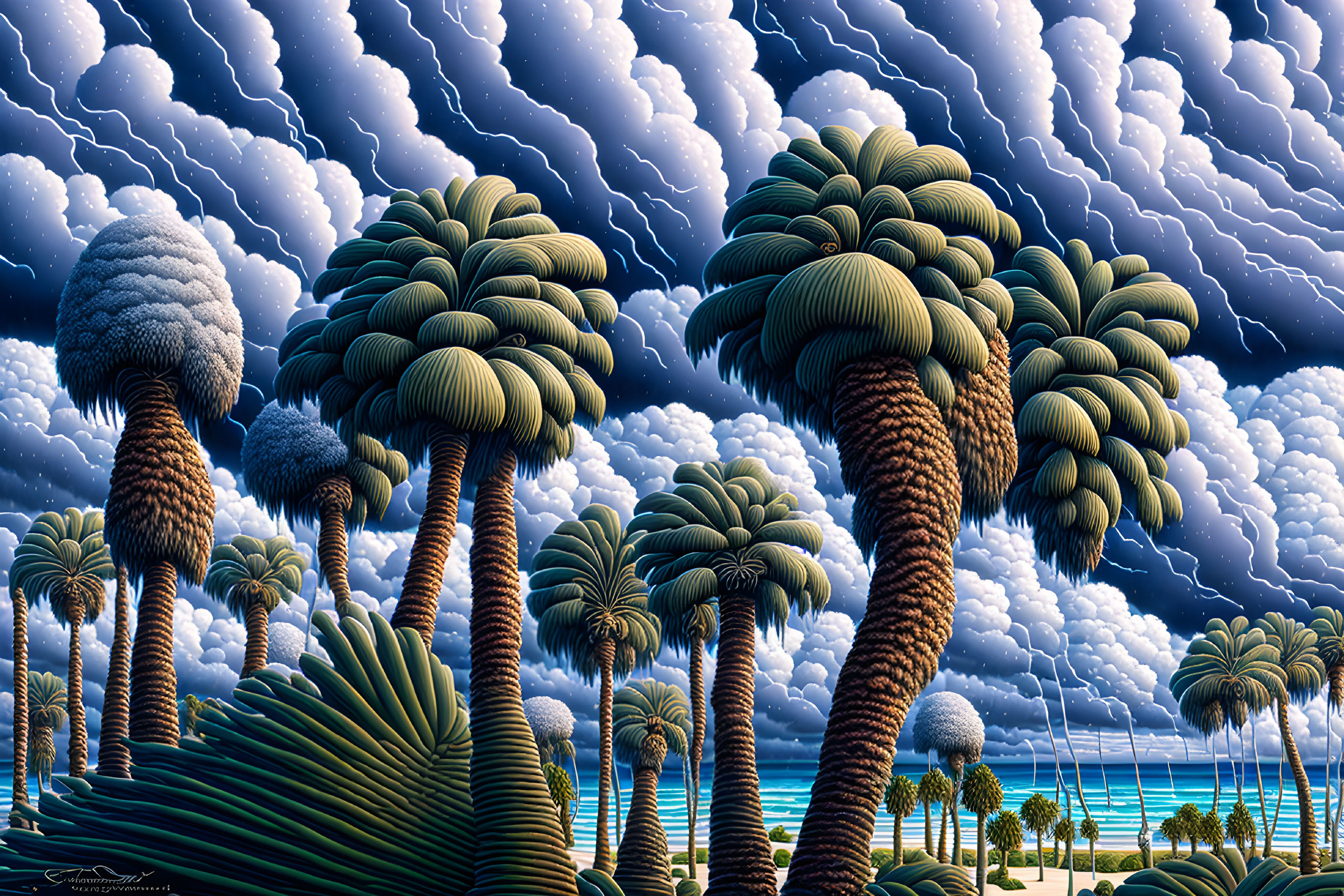 Digital landscape: Stylized palm trees, stormy sky, calm ocean