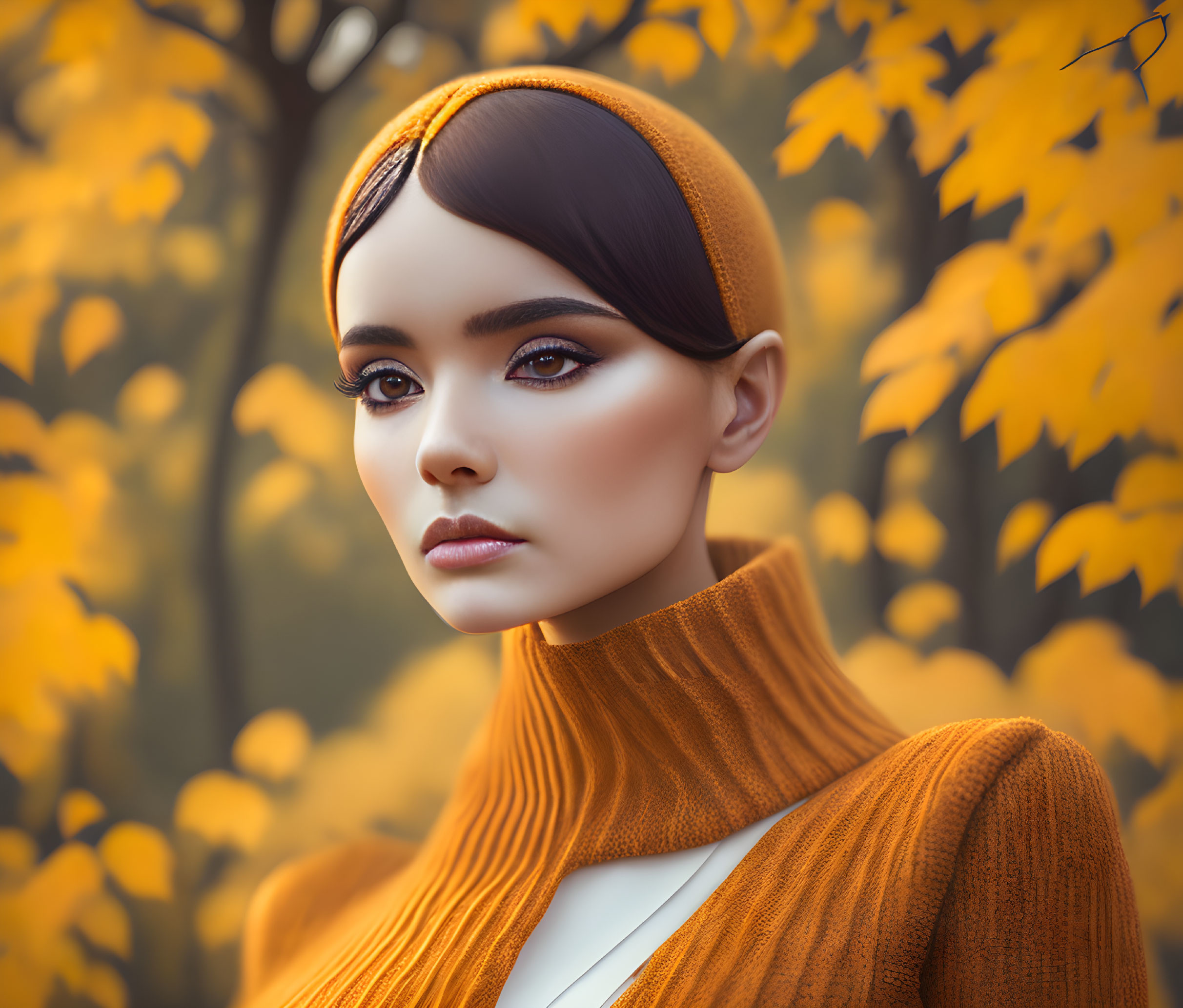 Stylized woman portrait in burnt orange turtleneck against autumn leaves.