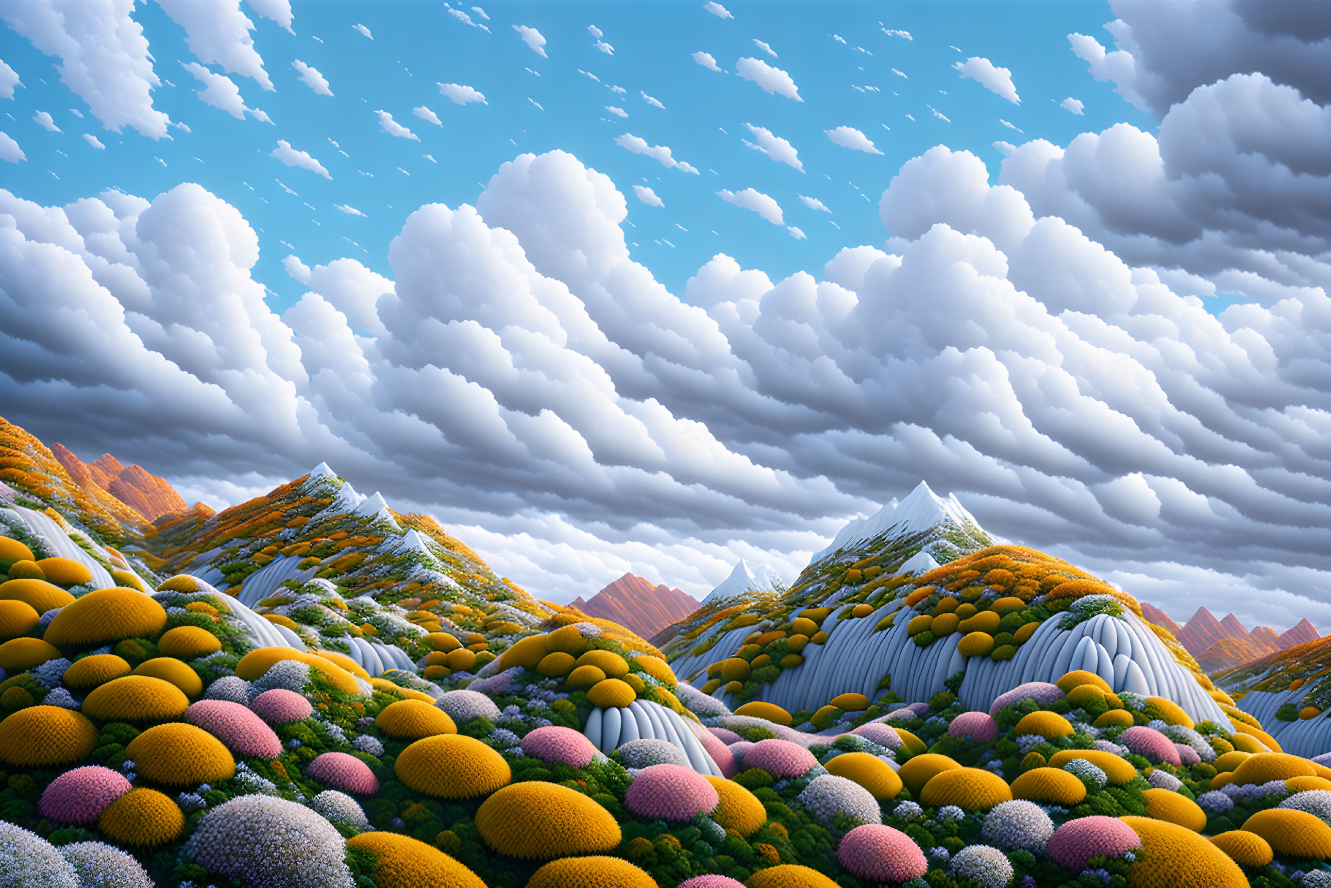 Colorful Patterned Hills and Vegetation in Surreal Landscape