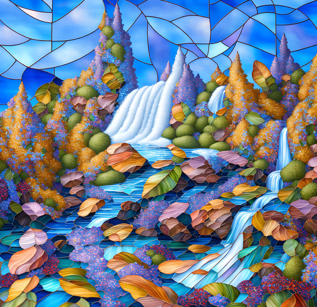 Colorful stylized landscape with textured trees, waterfalls, and detailed foliage under a mosaic sky