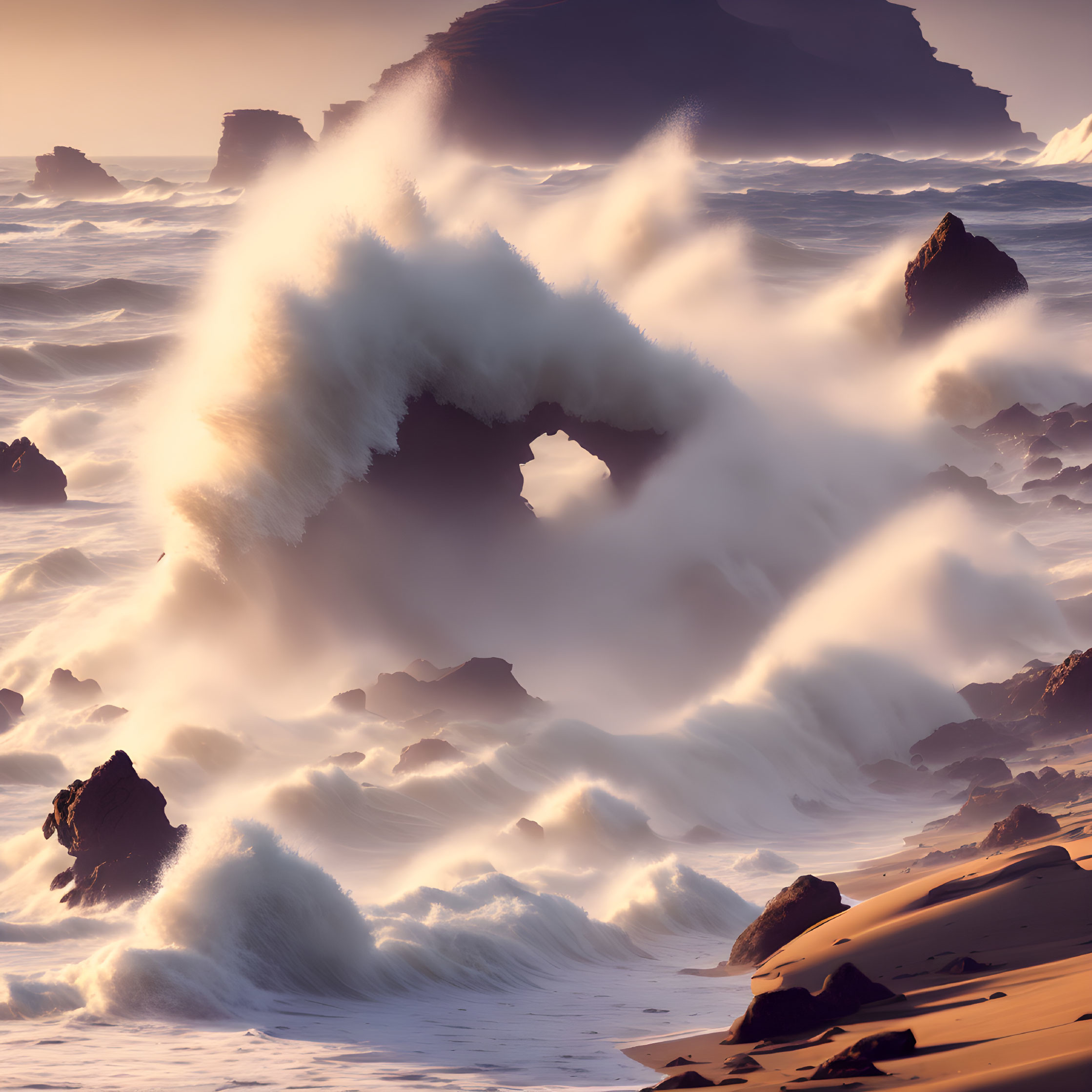 Dramatic Coastal Scene: Waves Crashing Through Rock Arch at Sunset