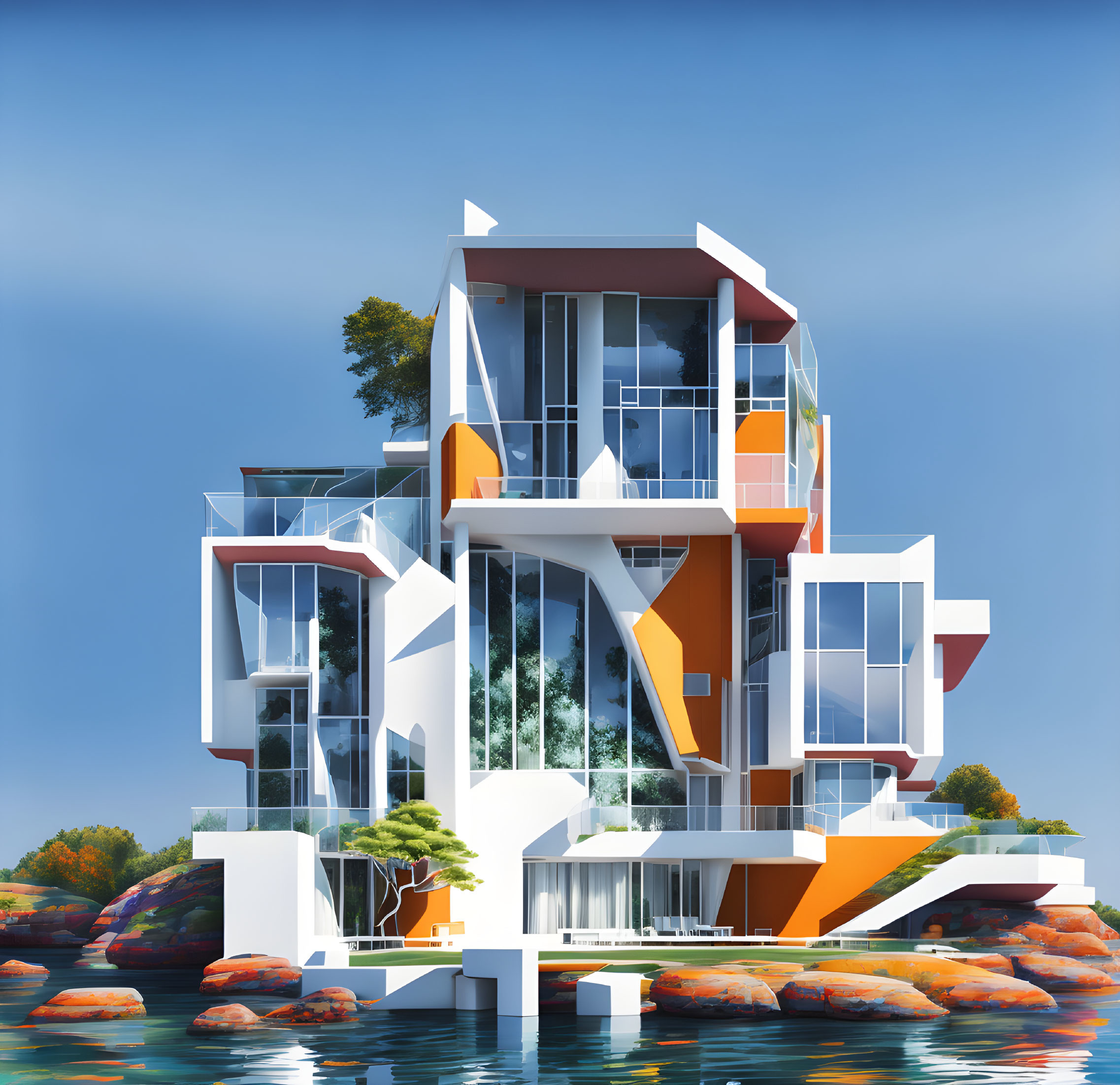 Modern multi-level white villa with geometric balconies over water and rocks.