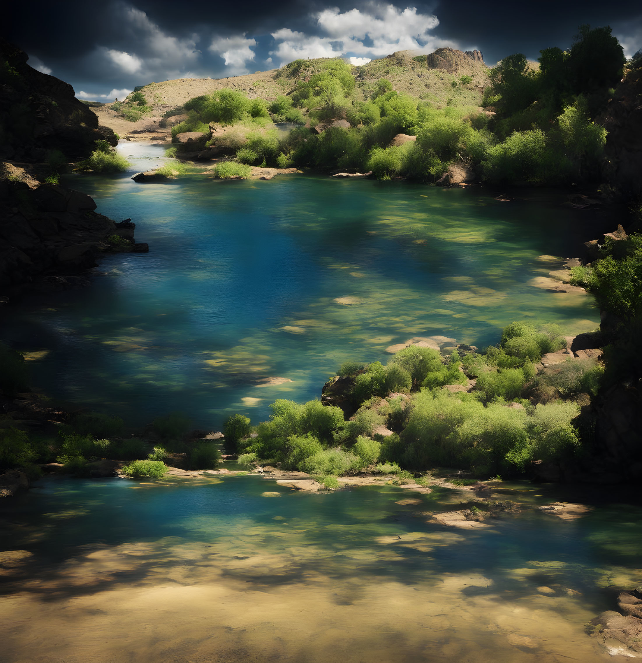 Tranquil river with blue-green waters, lush vegetation, and rugged hills