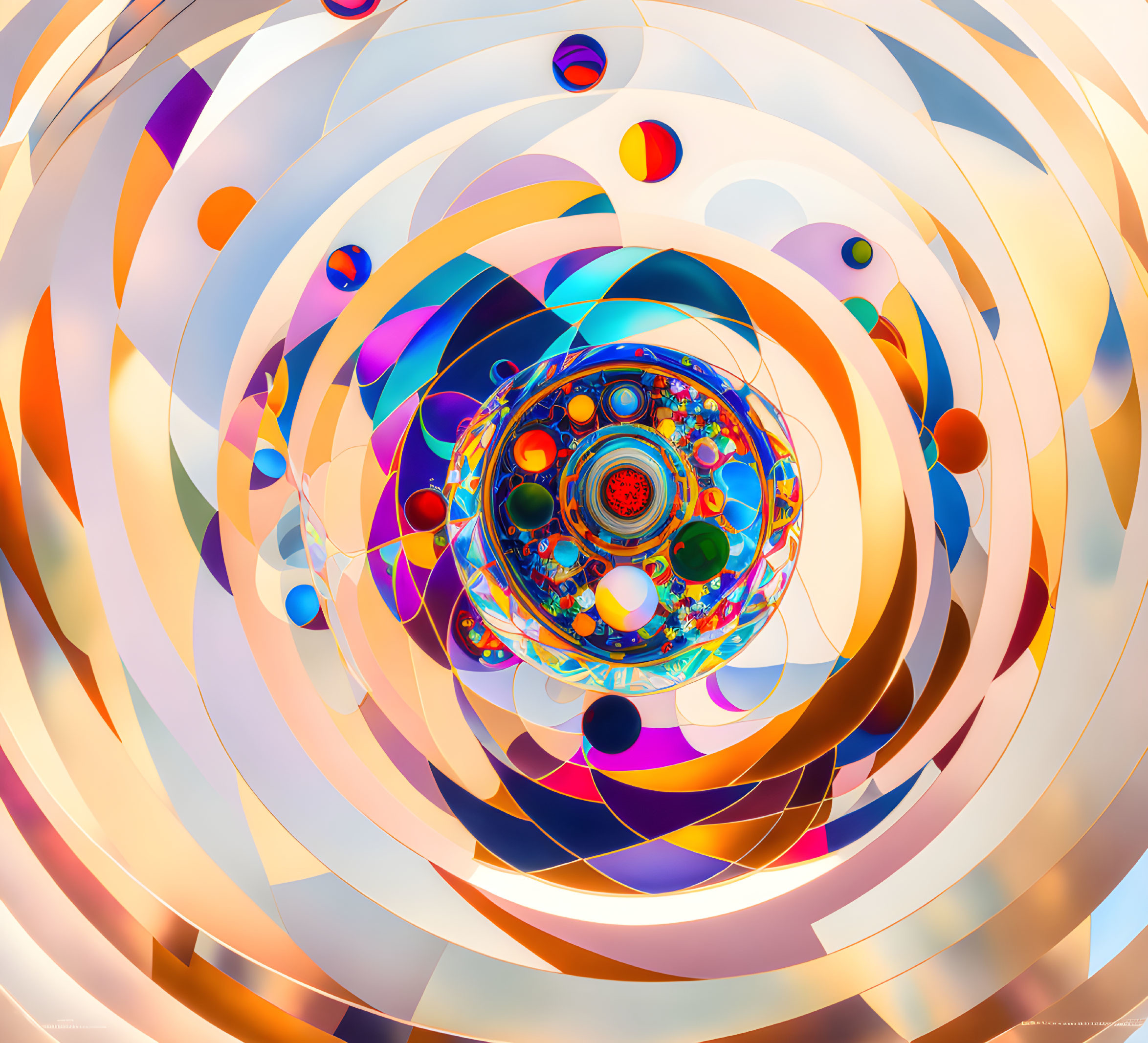 Colorful Abstract Art: Spiraling Composition with Circles, Oranges, Blues