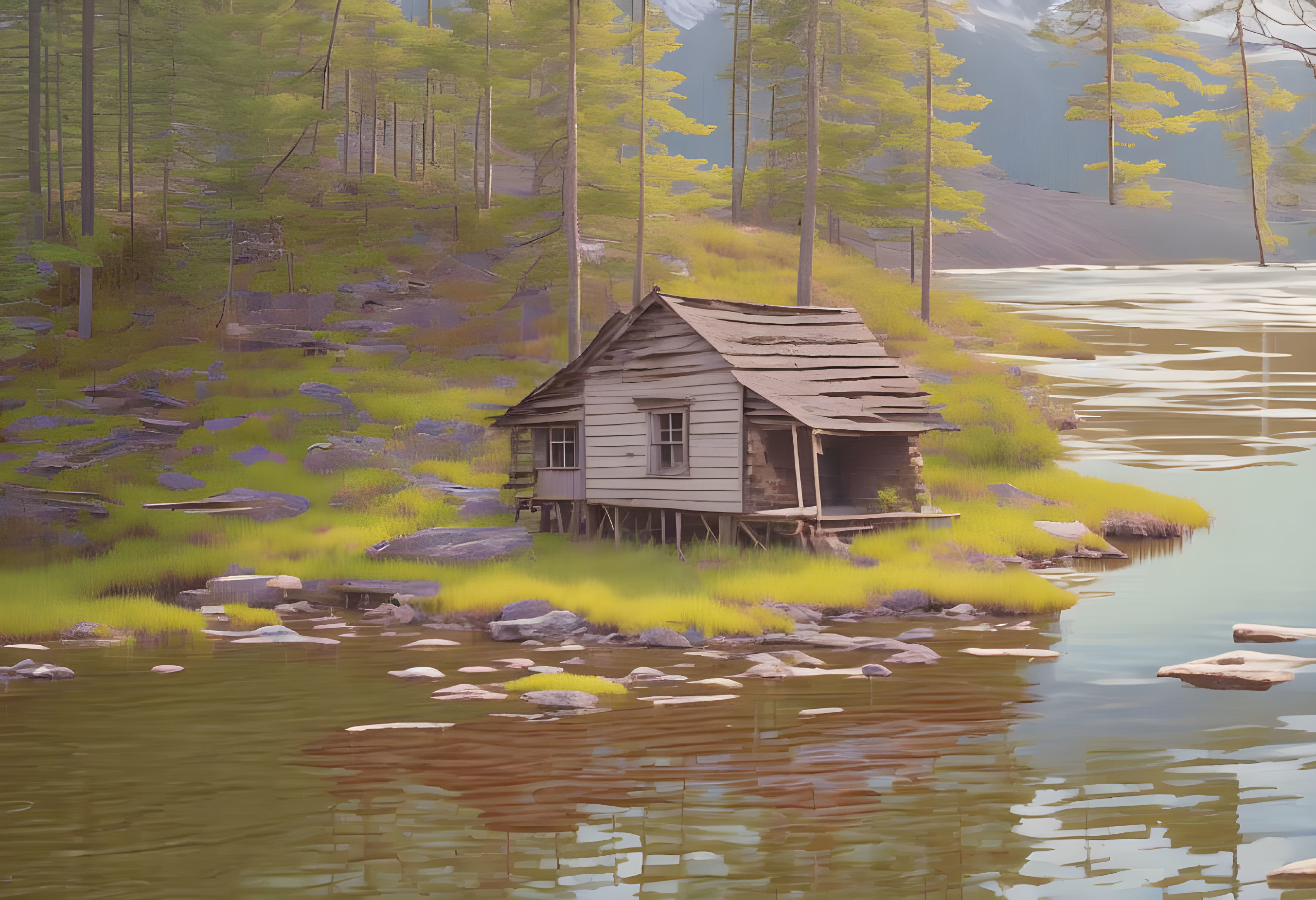 Rustic cabin on stilts by calm lake and pine trees