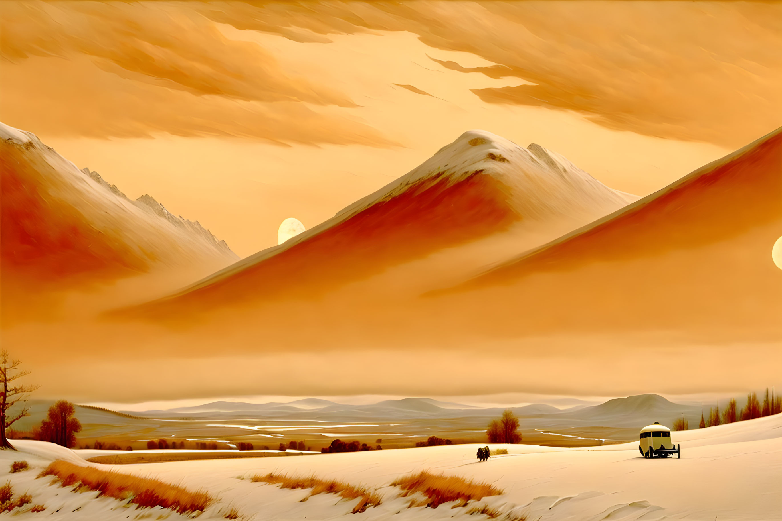 Surreal landscape with golden skies, setting sun, mountains, vintage vehicle, snow-covered valley