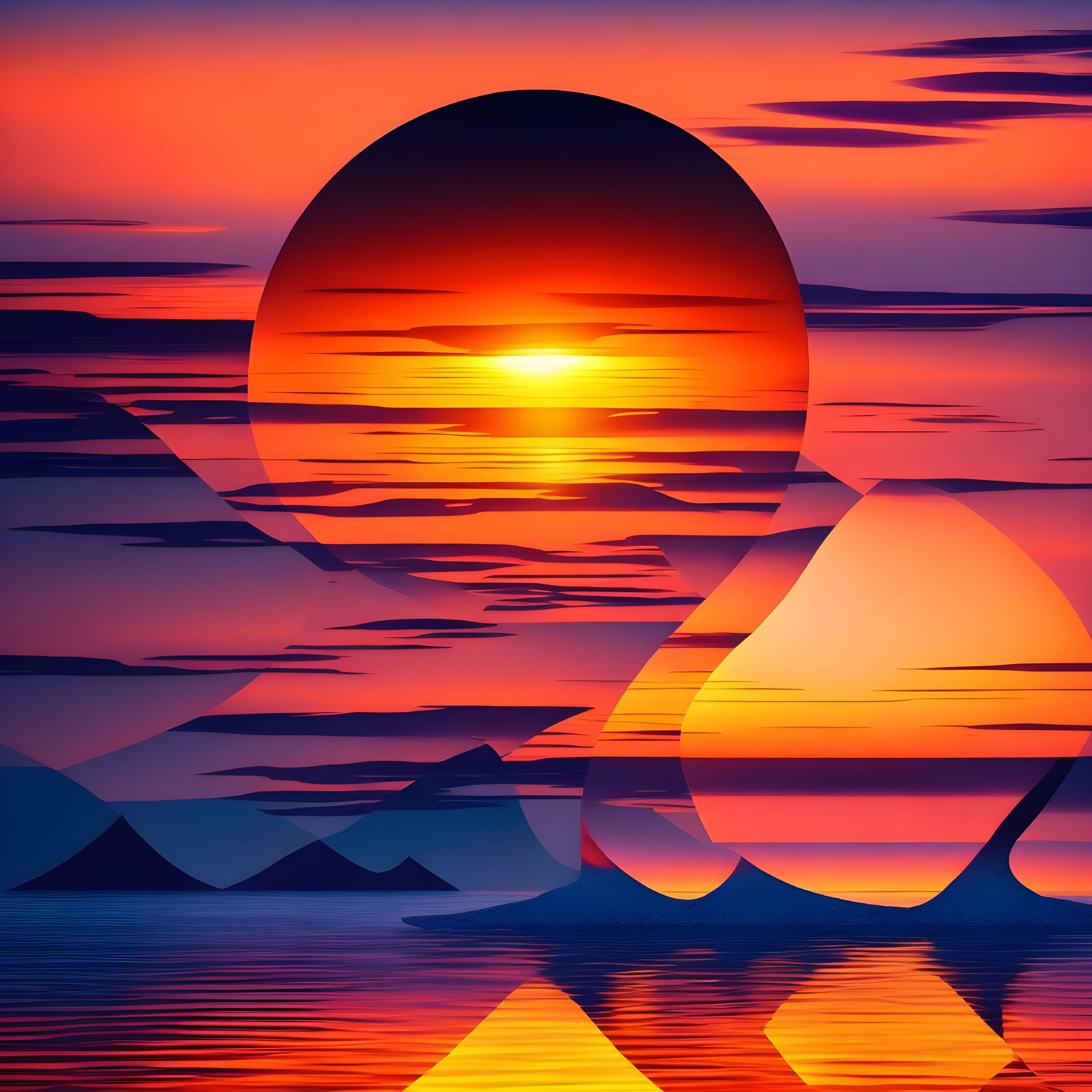 Digital artwork: Surreal sunset with overlapping suns and layered landscape reflected in serene water.