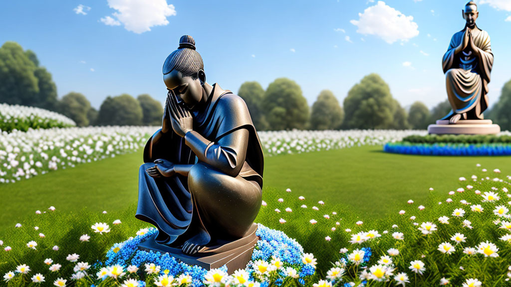 Two Buddha statues in meditative pose amidst white daisies and blue sky