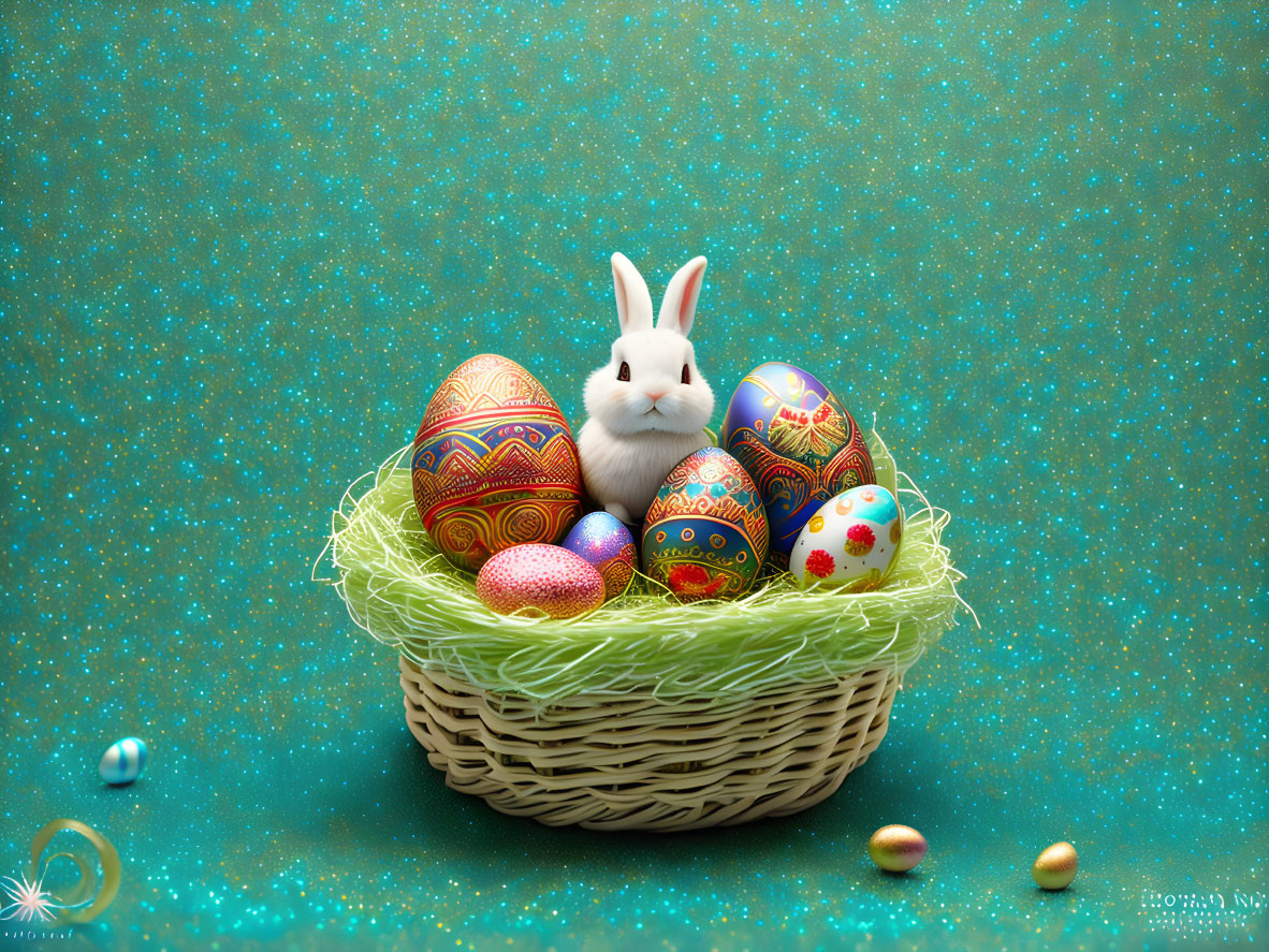 White Rabbit with Easter Eggs in Wicker Basket on Turquoise Background