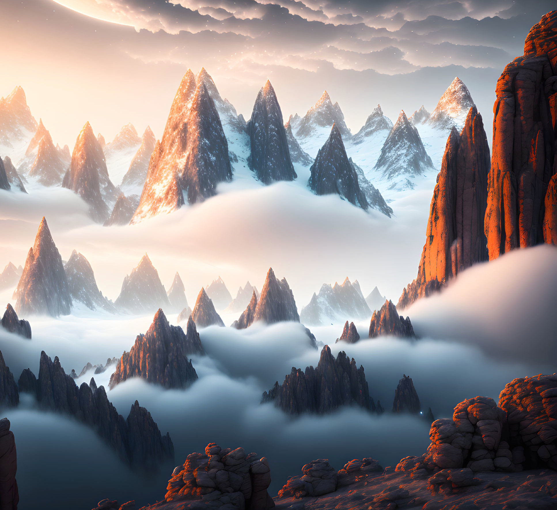 Snow-capped mountain peaks above clouds in warm sky