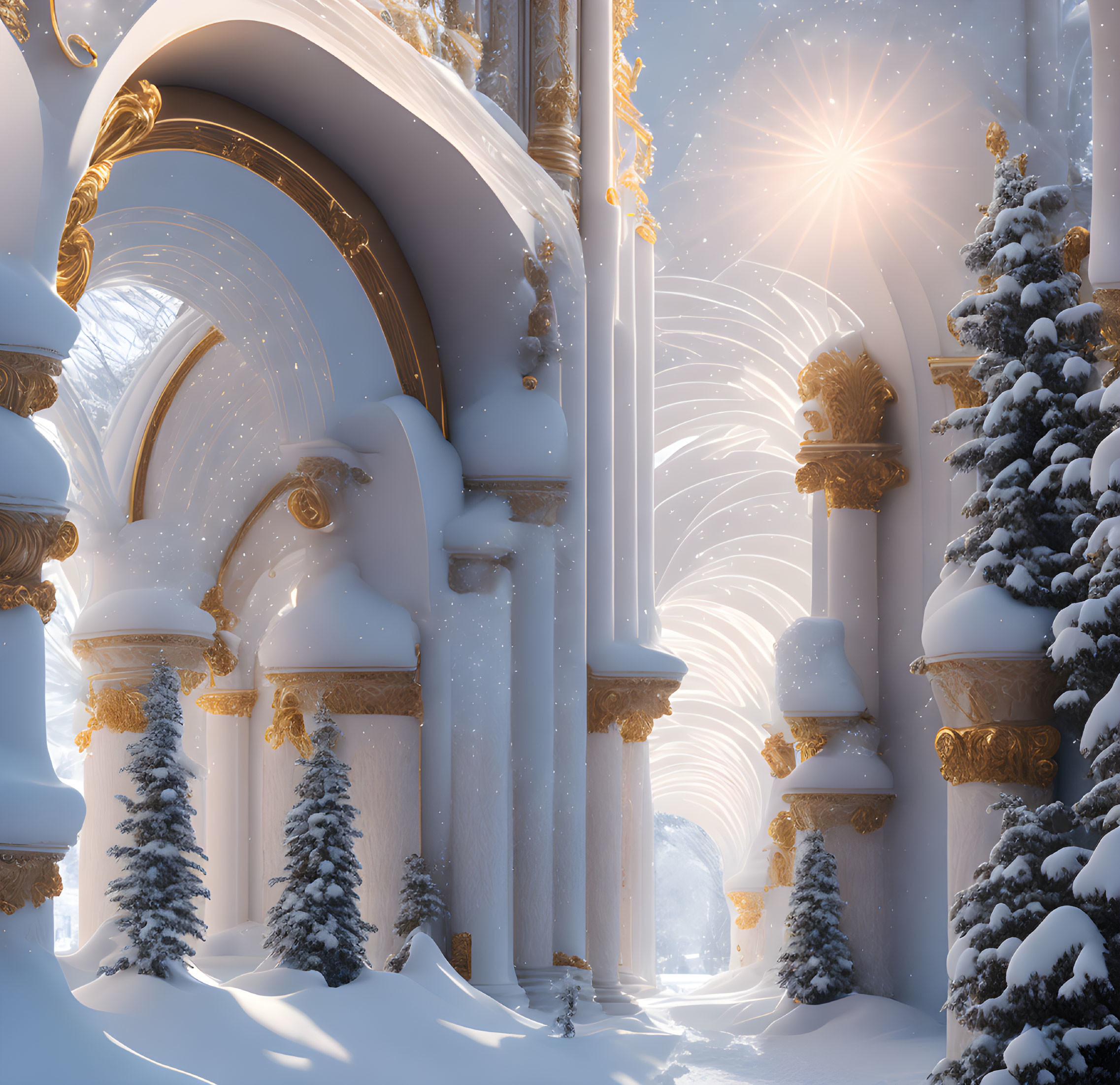 Snow-covered pine trees and golden classical arches in a winter scene