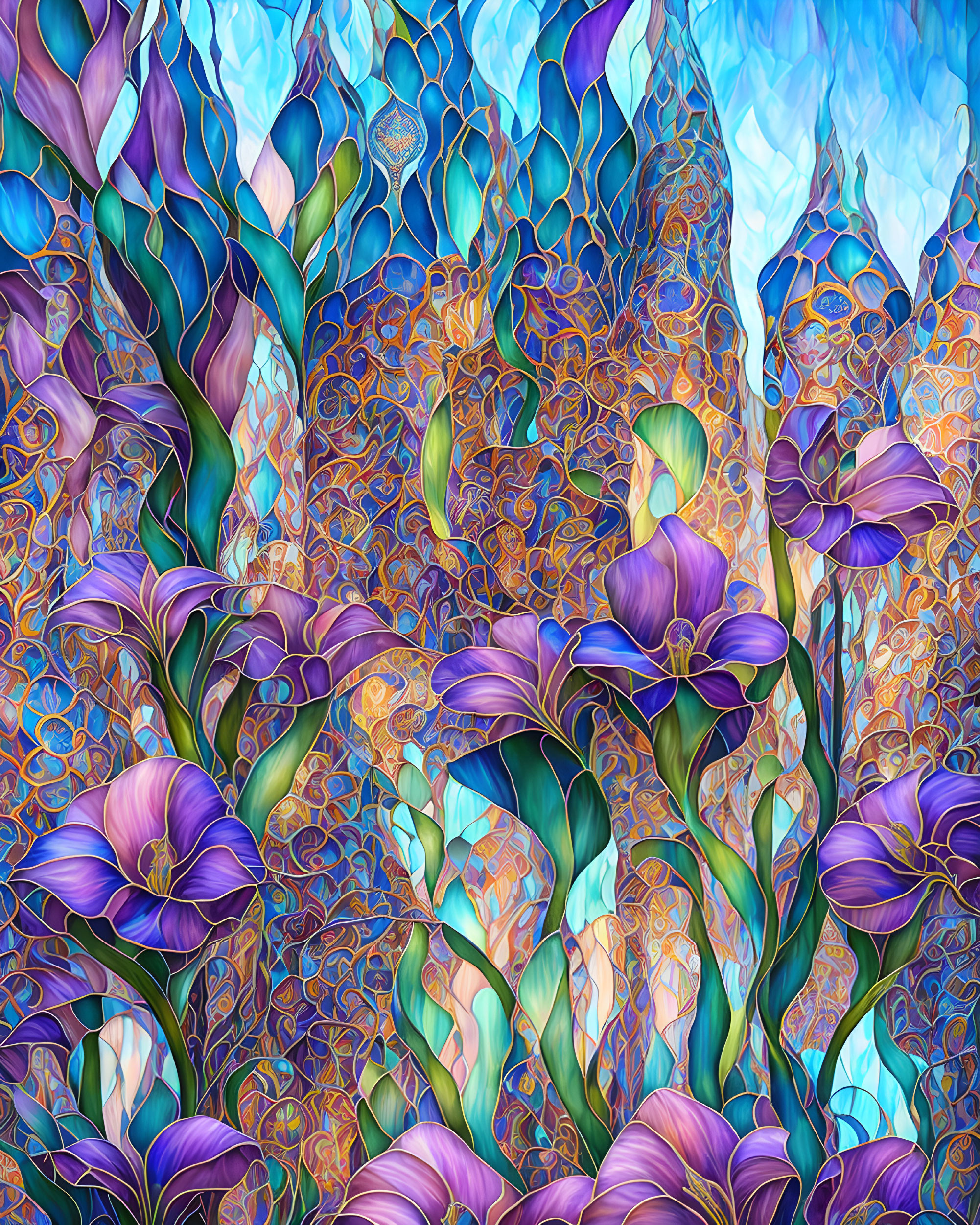 Colorful Stained Glass Style Illustration with Purple Flowers