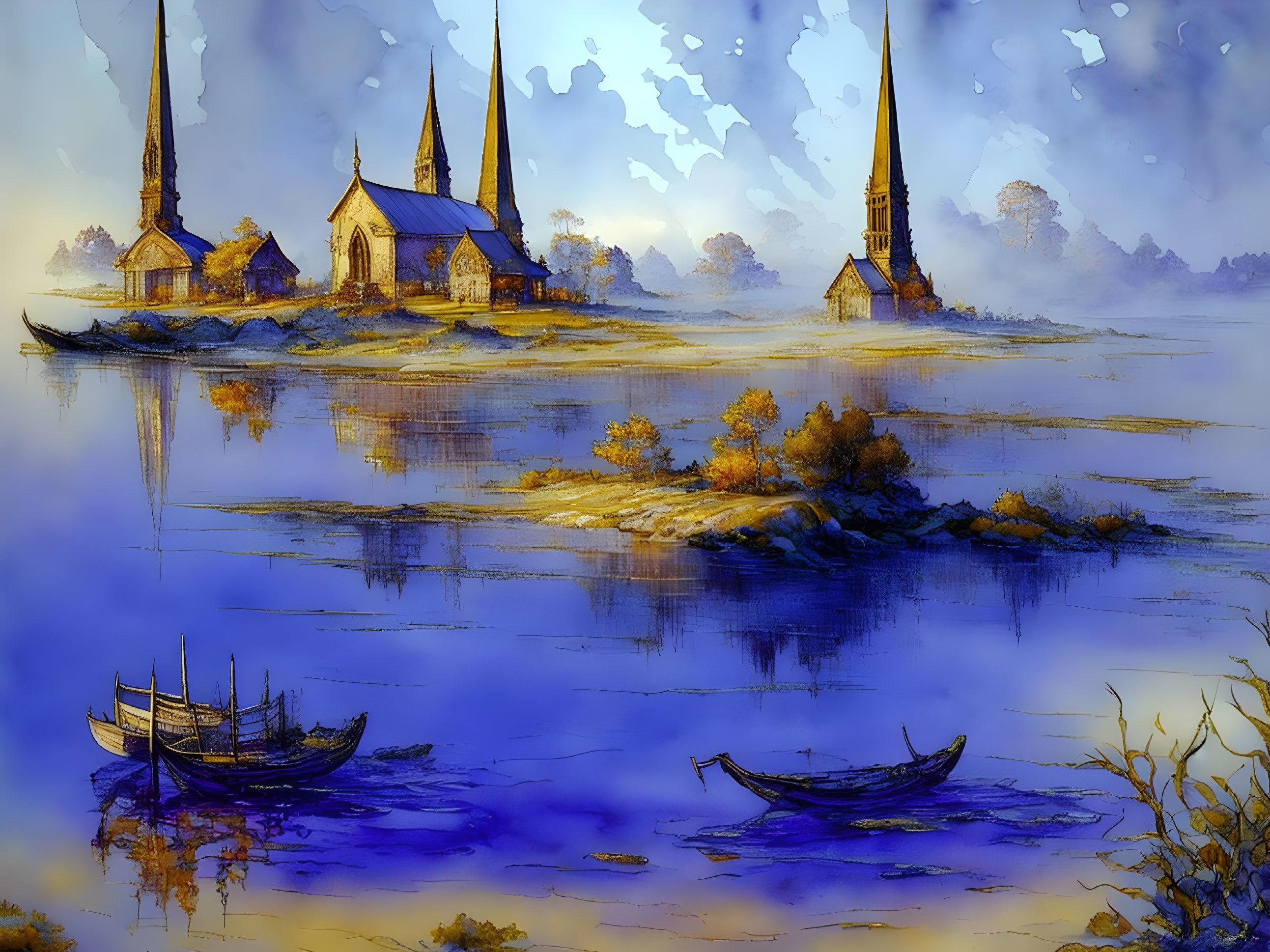 Tranquil watercolor scene: two boats on a serene lake with church spires in misty