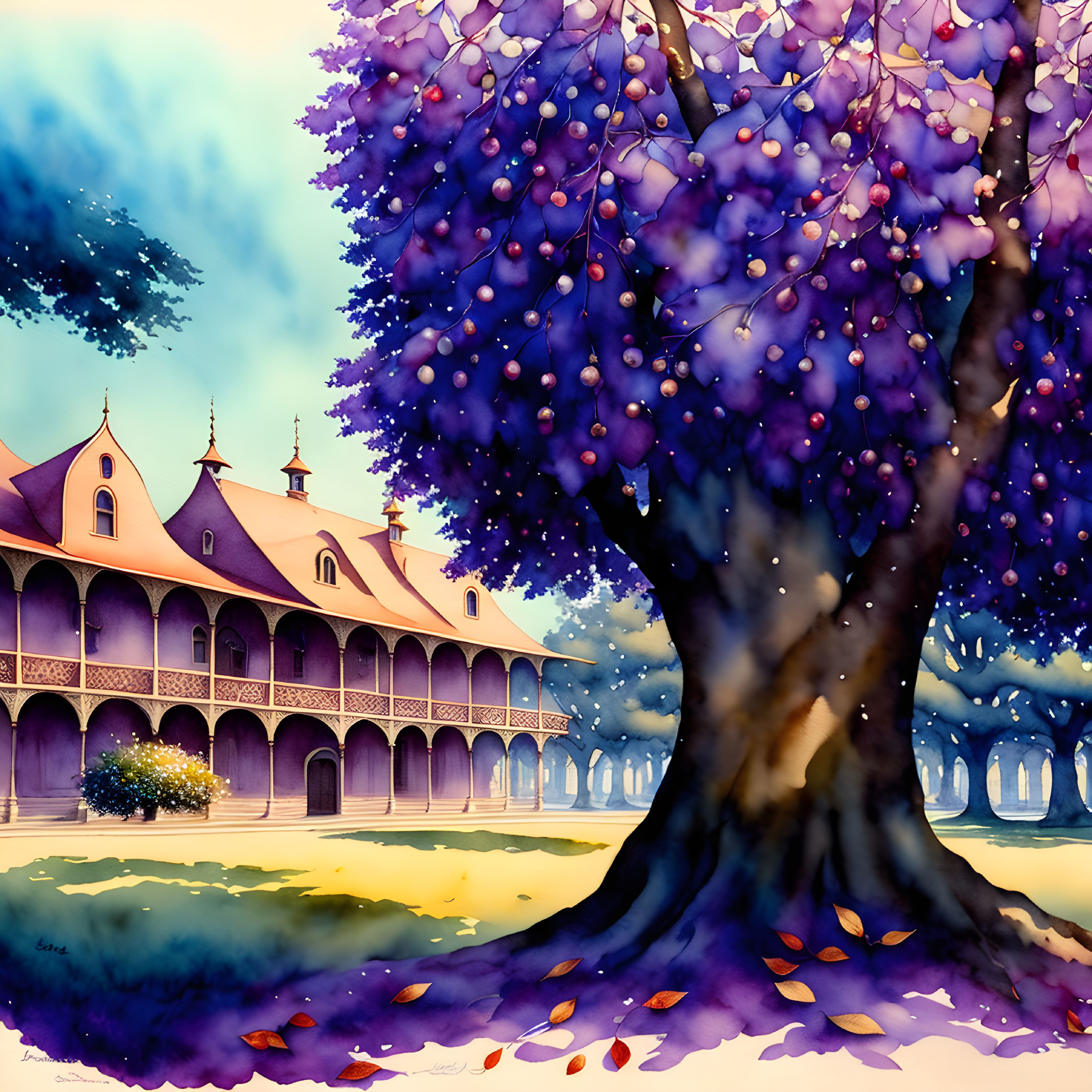 Vibrant purple tree with glowing fruits by fantasy-style building