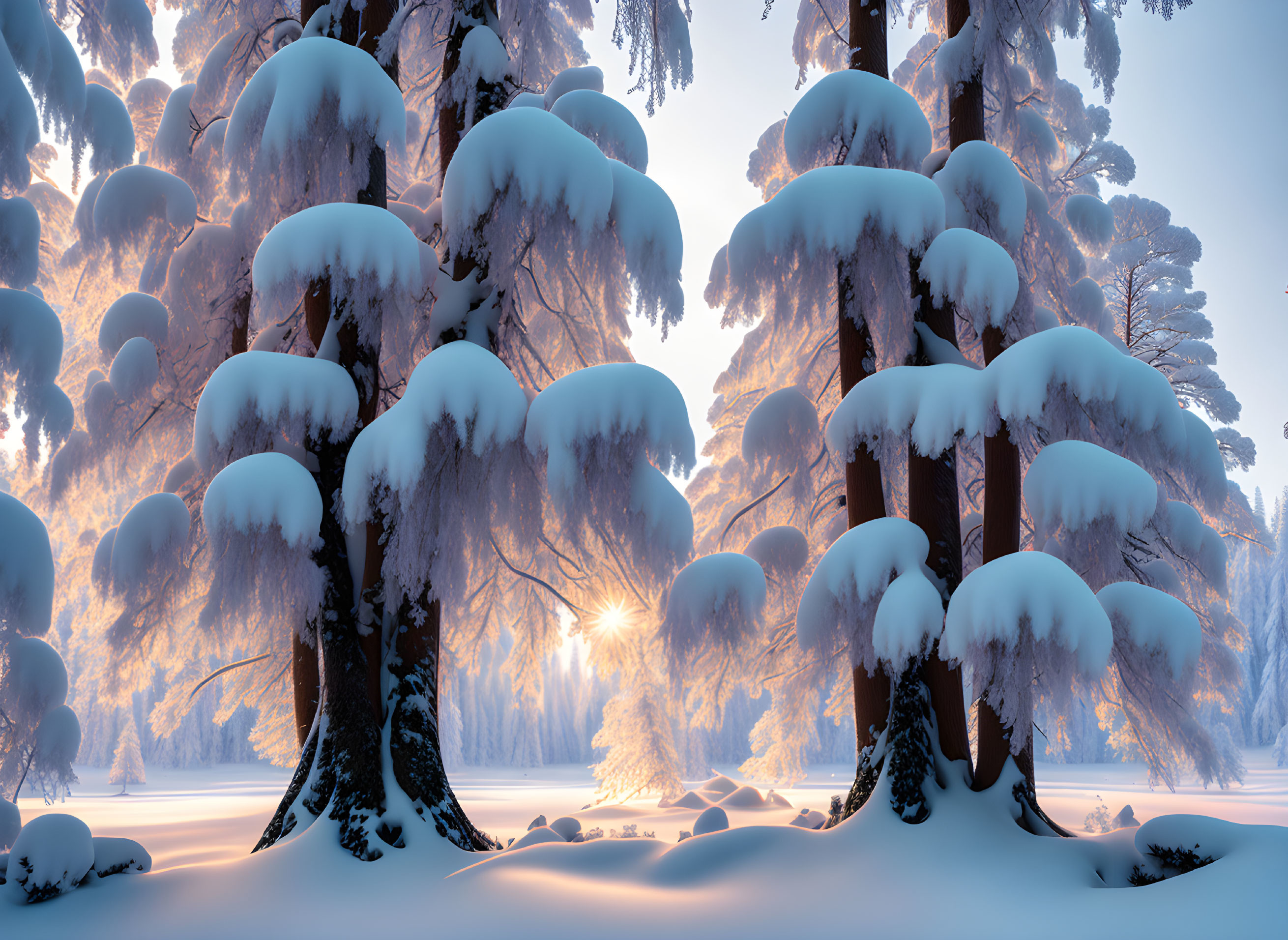 Serene winter landscape with snow-covered pine trees at dawn