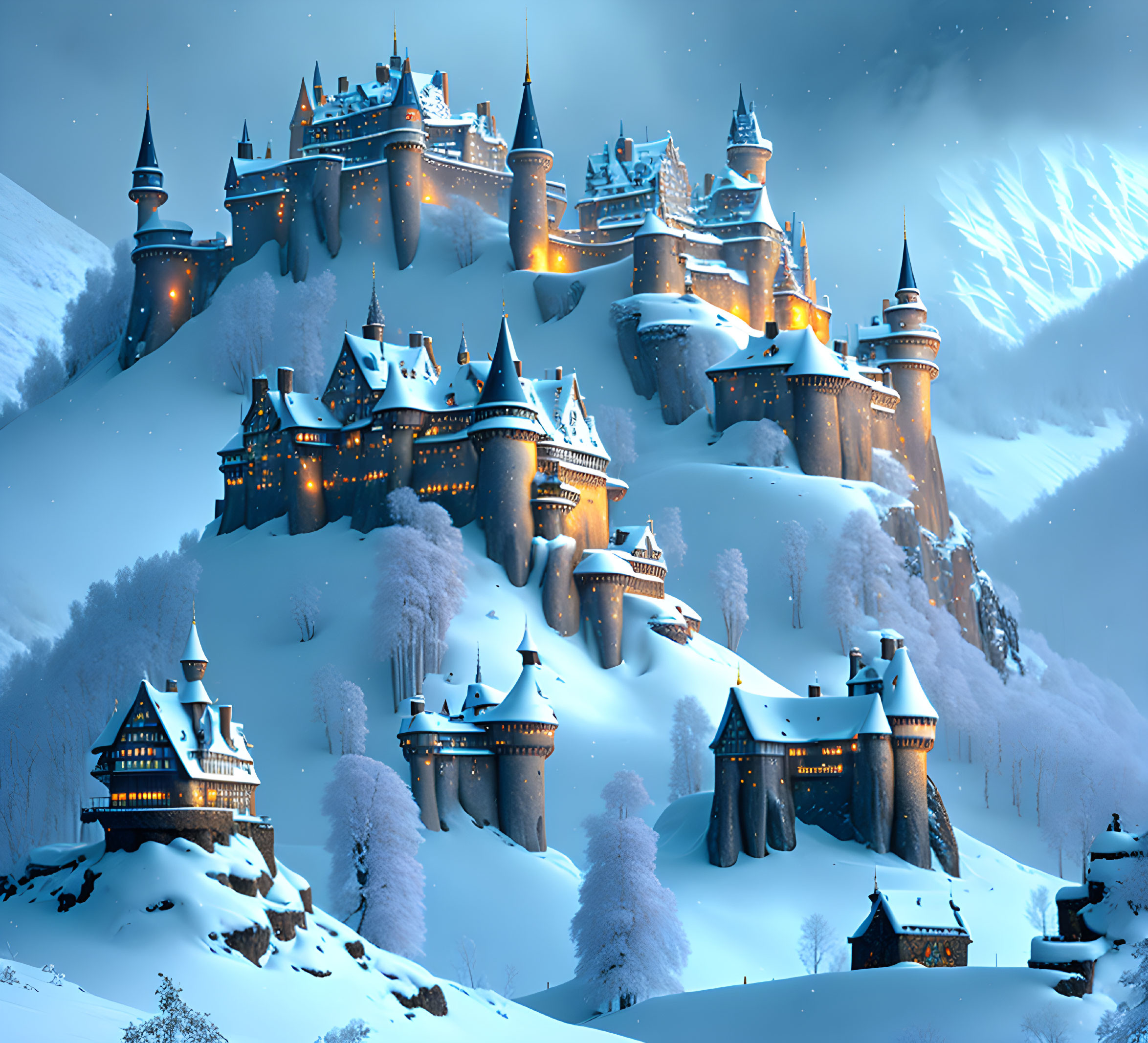 Snowy Night Landscape: Illuminated Castles on Hills, Starry Sky