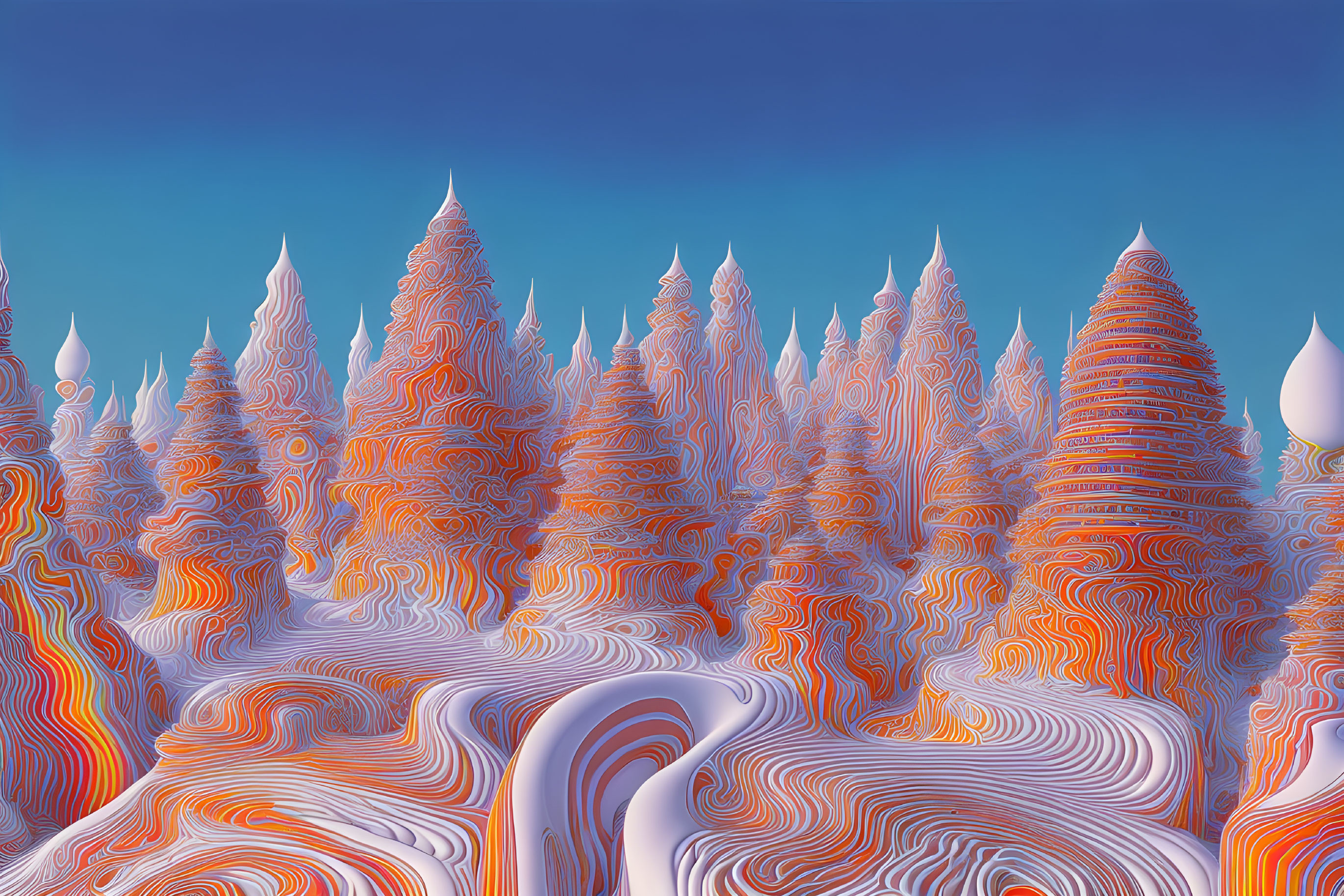 Colorful surreal landscape with undulating tree-like shapes on blue sky