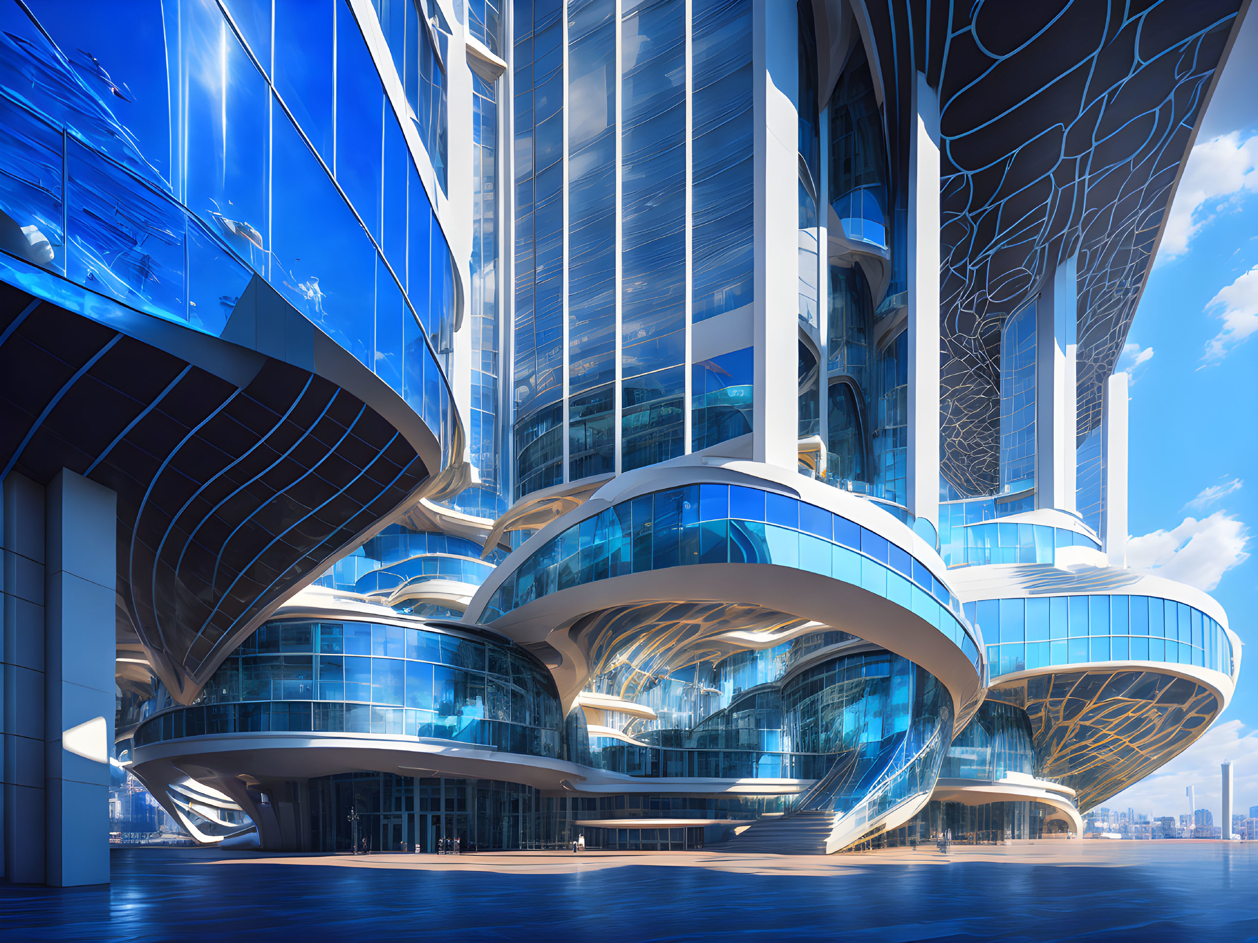 Modern building architecture with curved glass facades and high-tech design