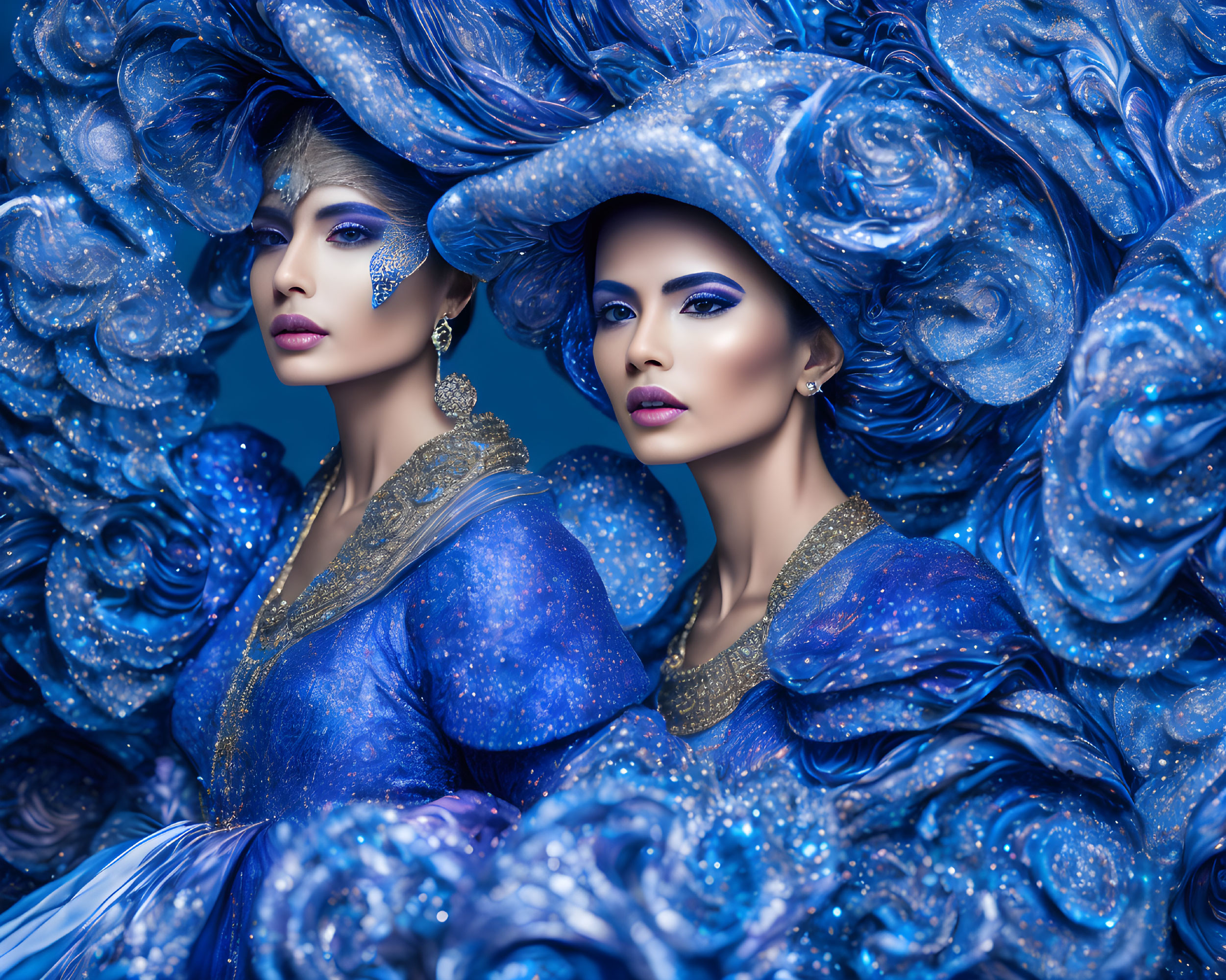 Two Women in Elaborate Blue Costumes with Swirl Patterns and Fantasy Makeup