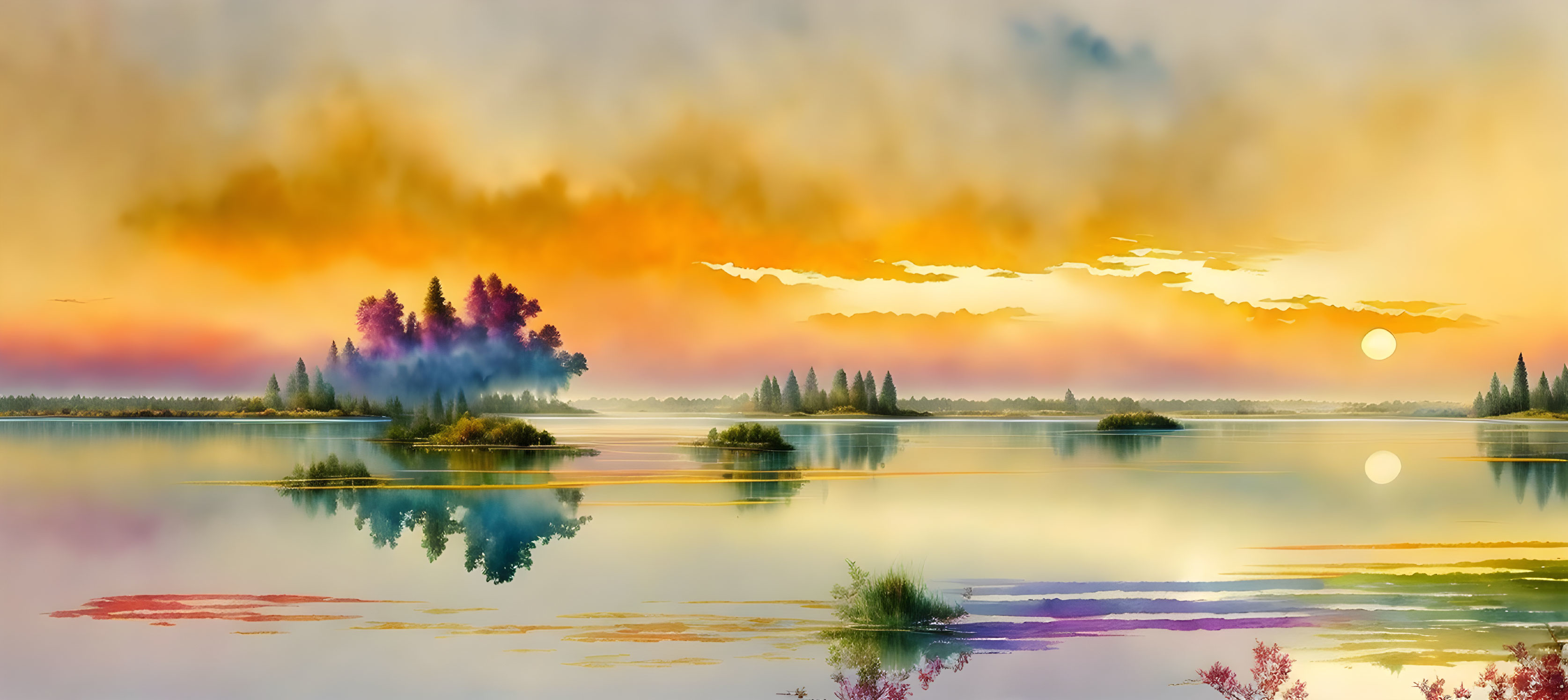 Tranquil lake landscape at sunset with colorful sky and mist