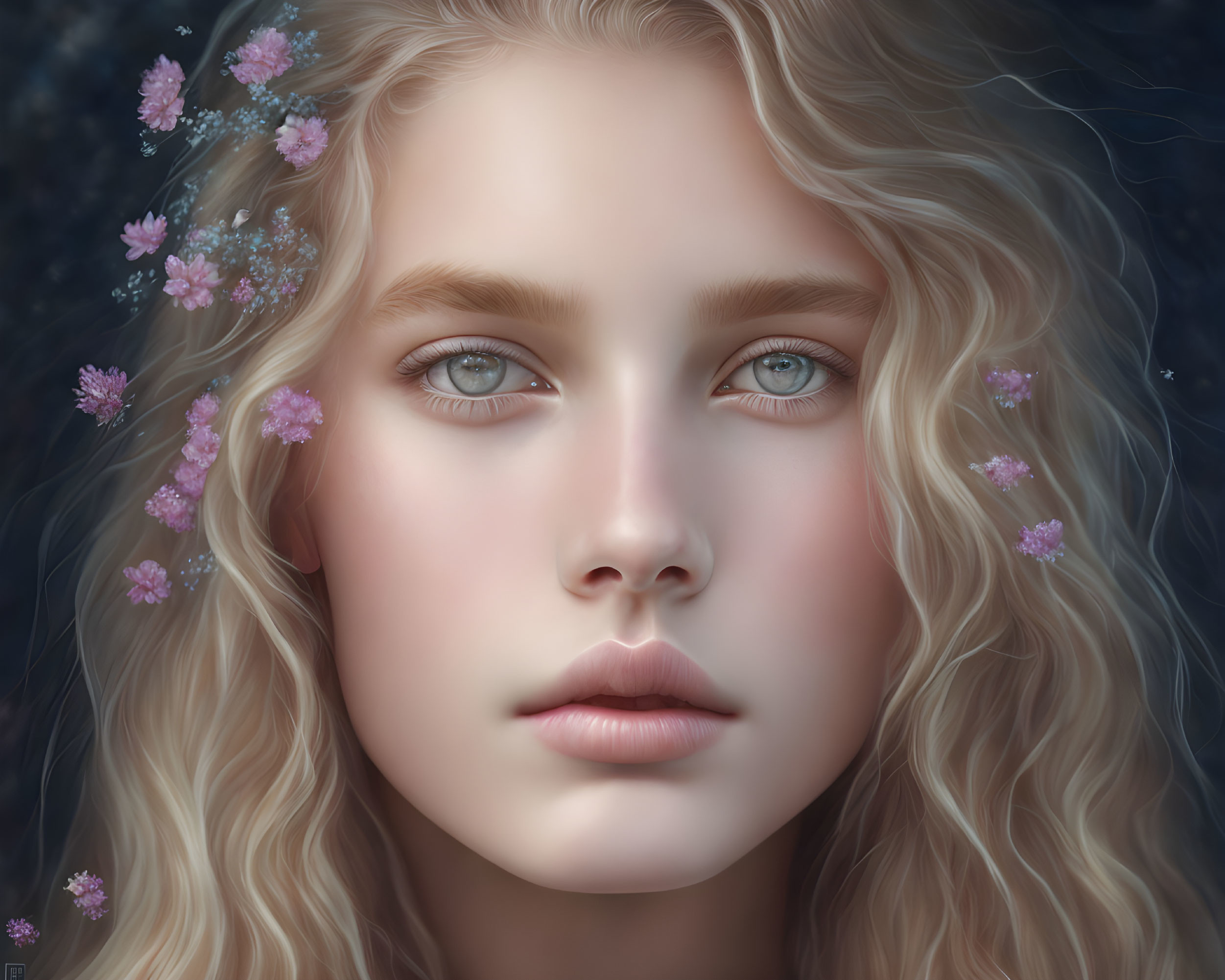 Young woman with blue eyes and curly blonde hair in digital portrait.