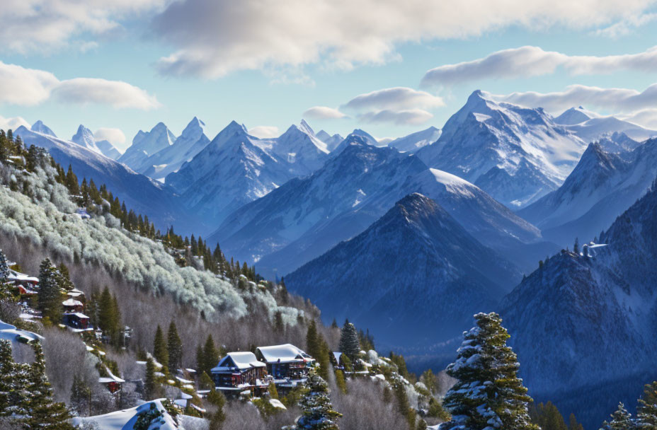 Snow-covered houses on mountainside with frosty trees and snowy peaks