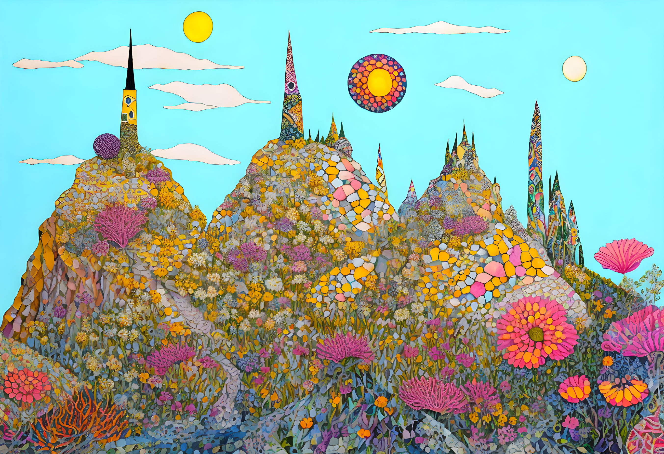 Colorful Landscape with Floral-Covered Hills and Celestial Bodies