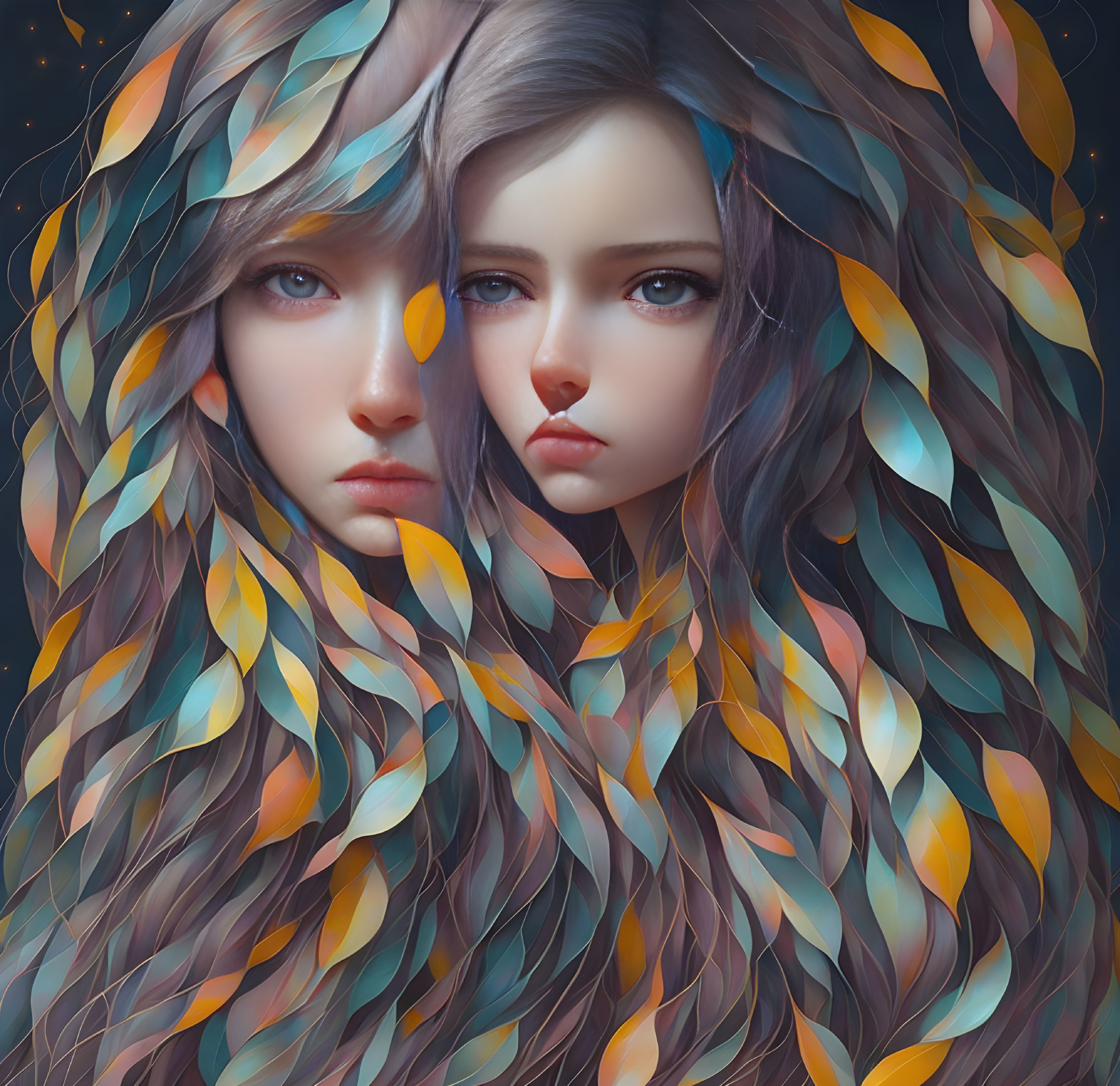 Symmetric female faces with leaf-like hair on starry background