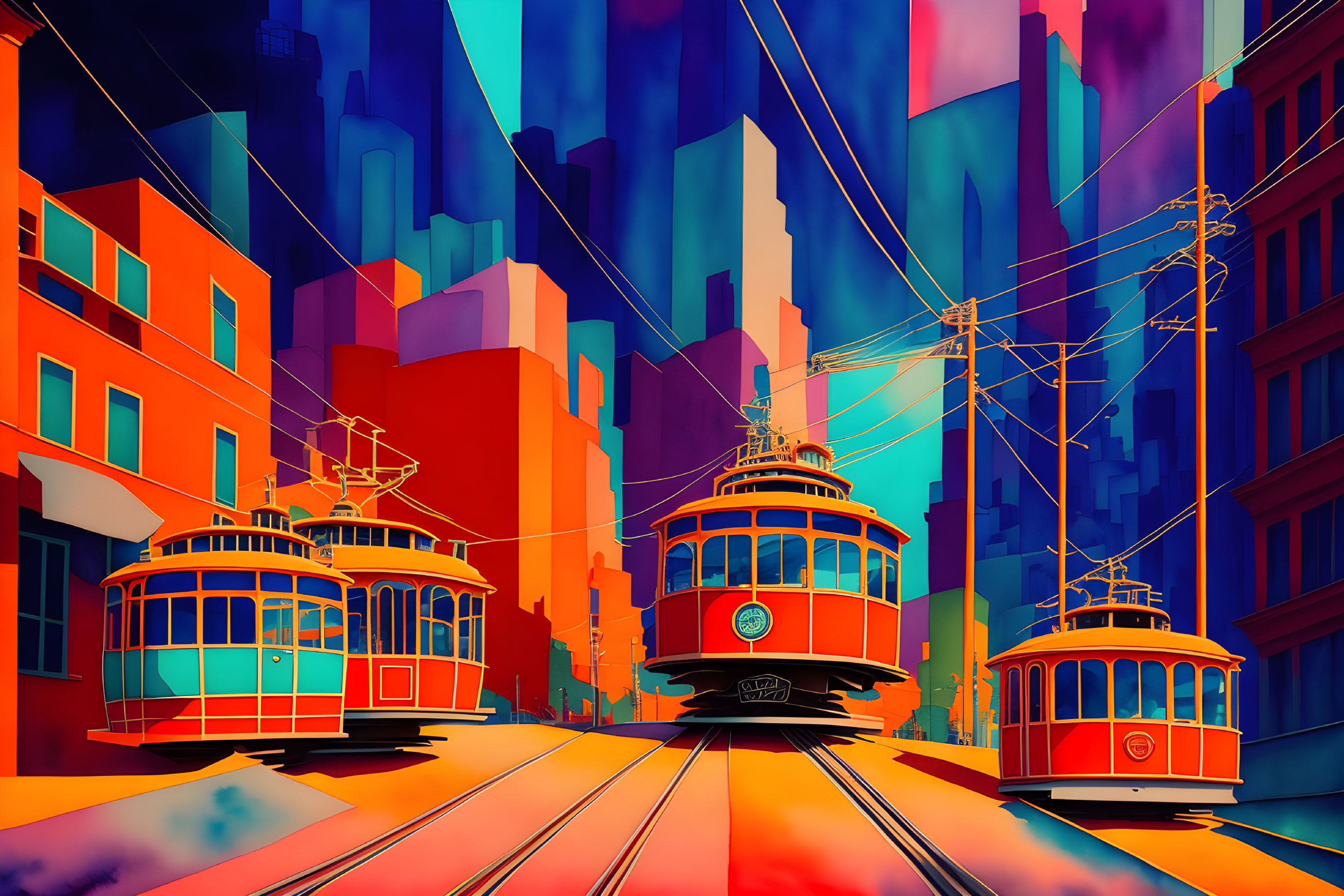 Colorful artwork featuring three vintage trams on tracks with geometric buildings and power lines under a bright sky