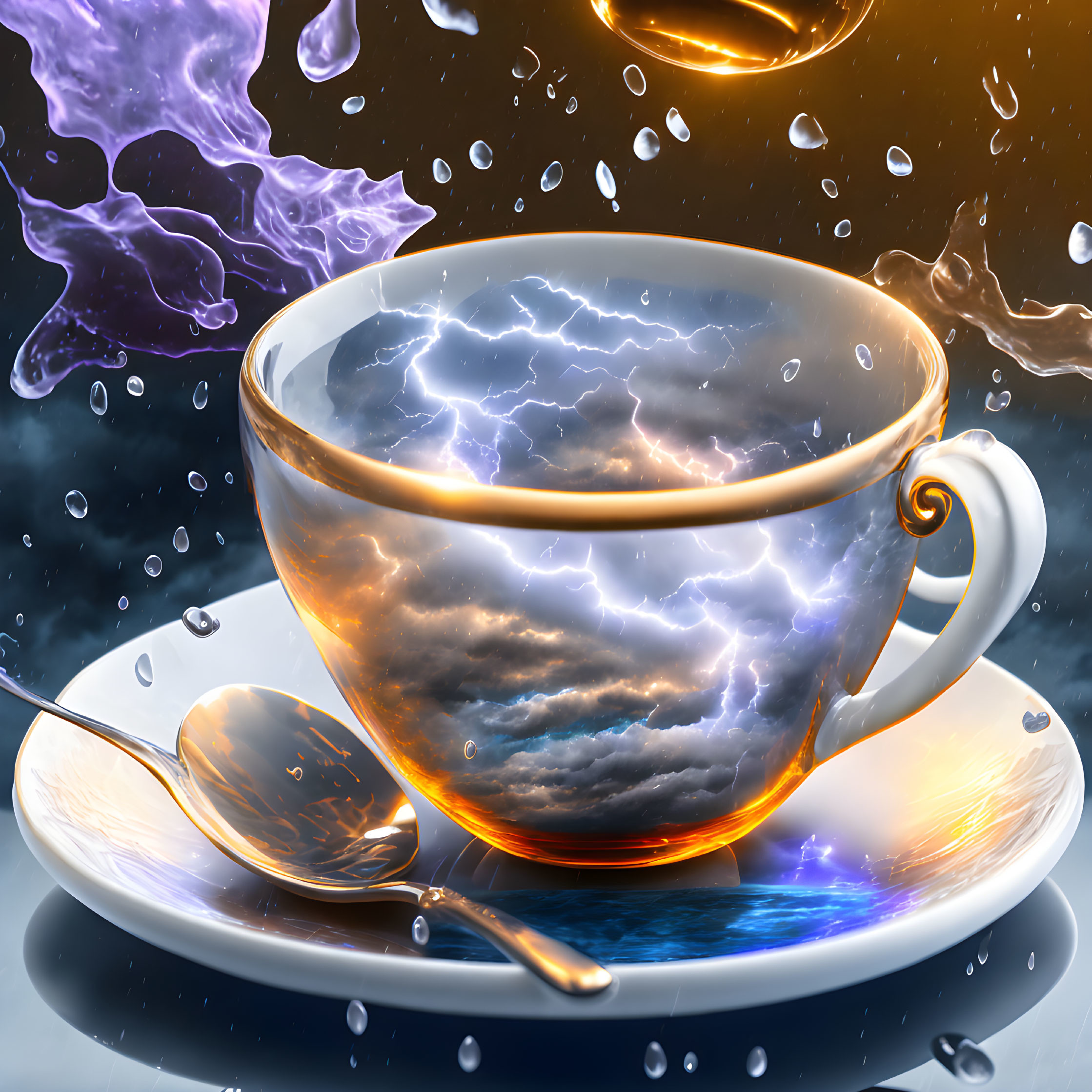 Translucent tea cup with stormy sky and lightning on saucer