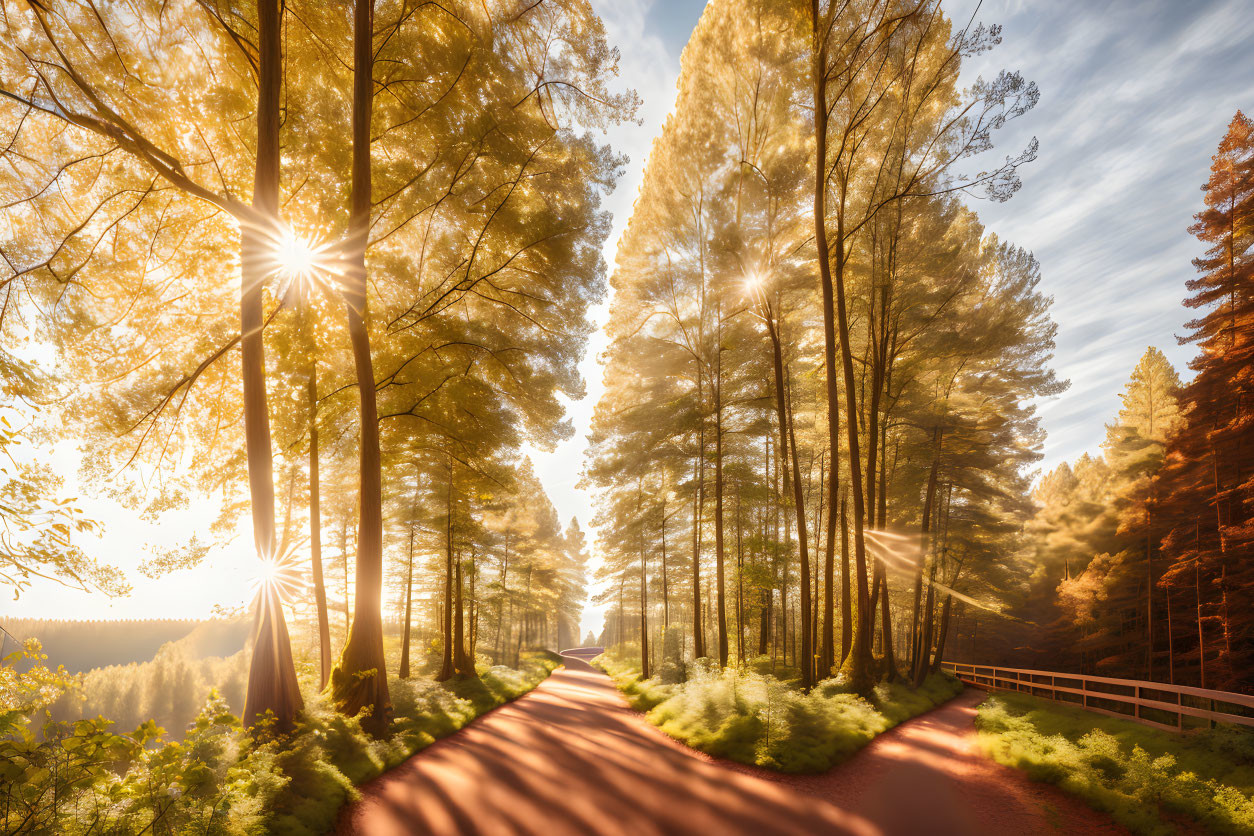 Forest path with sunrays through tall trees and vibrant greenery at golden hour