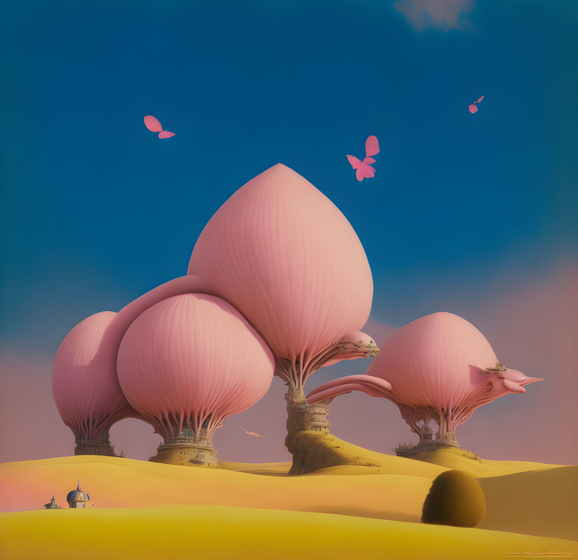 Surreal landscape with pink tree-like structures and butterflies under a blue sky