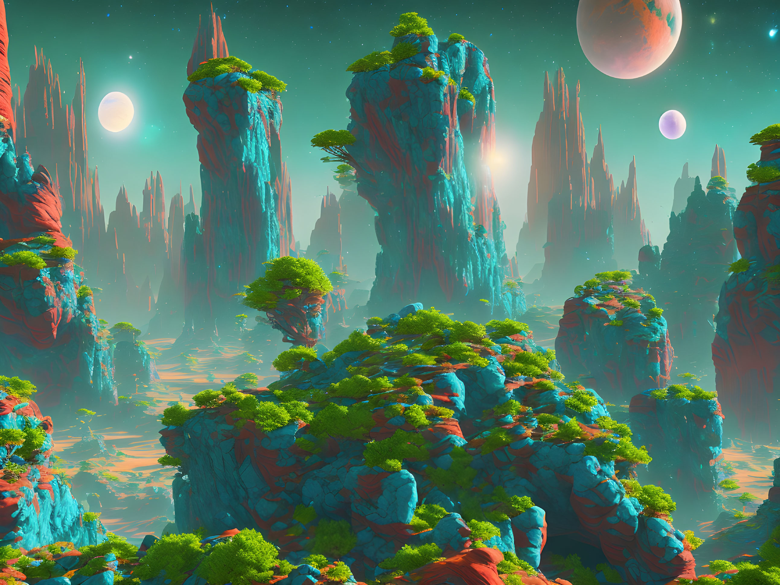 Colorful alien landscape with tall rock formations, greenery, and multiple moons.