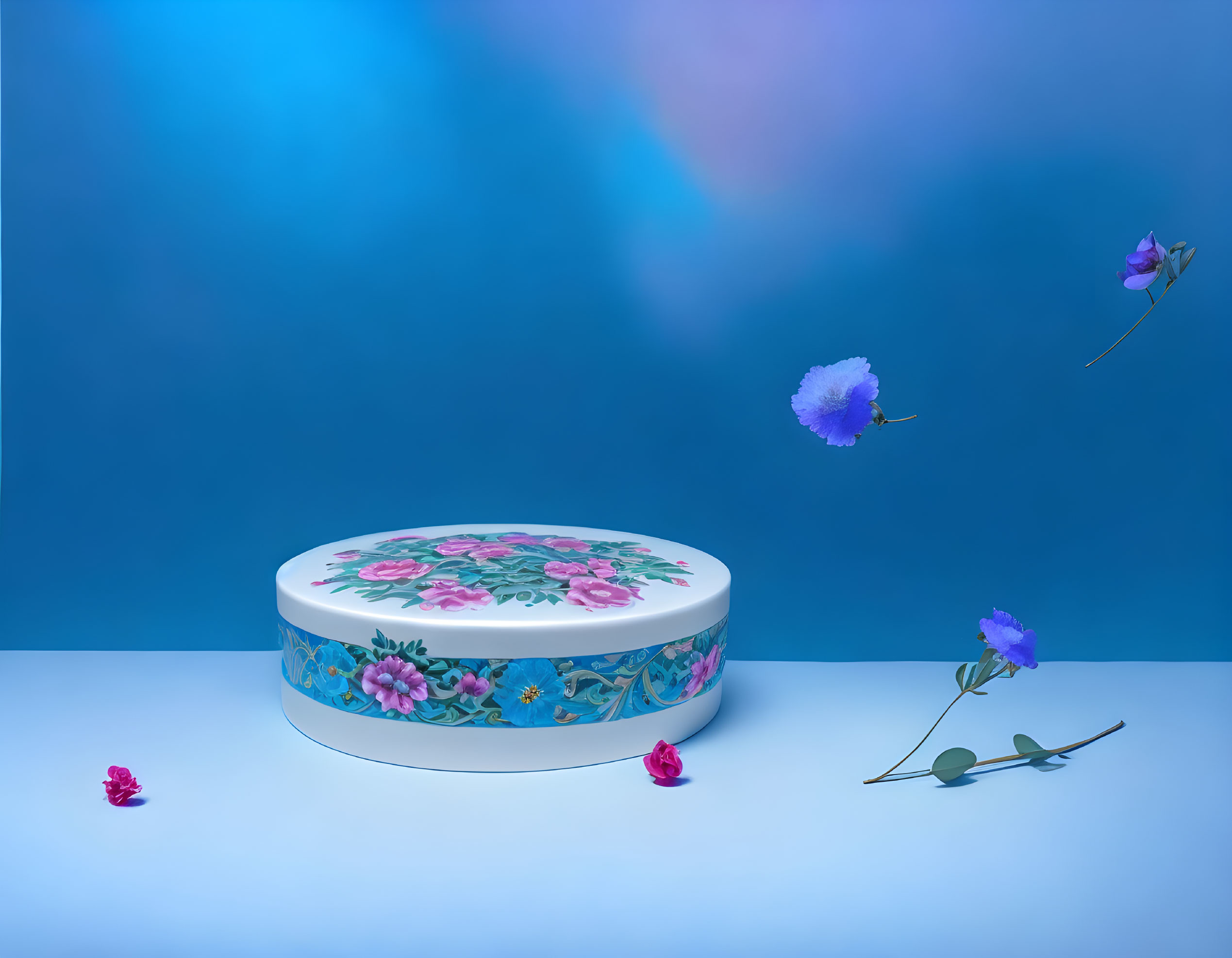 Floral-patterned box on blue surface with floating flowers and soft rainbow.