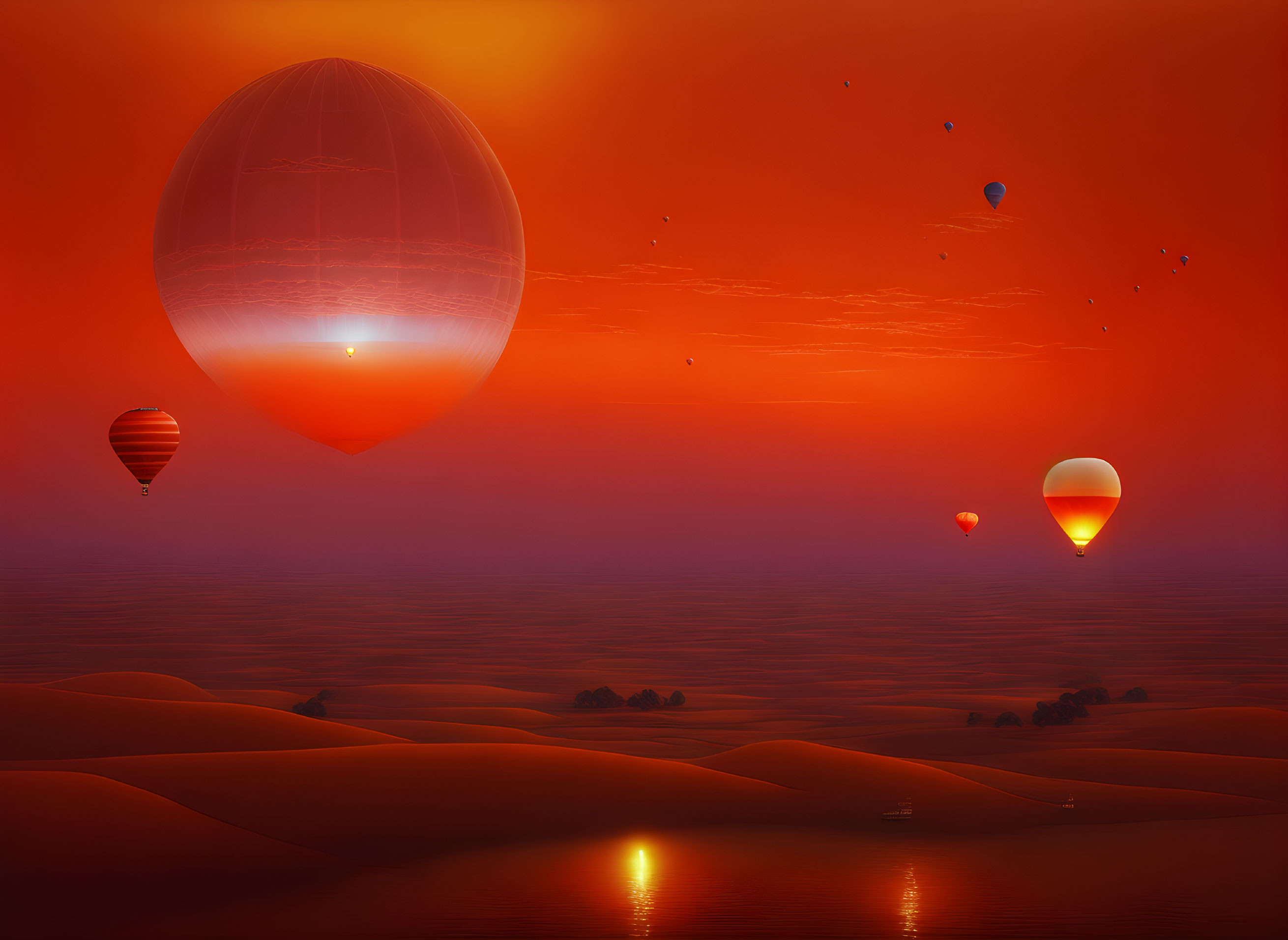 Colorful hot air balloons over desert dunes at sunset with water reflection