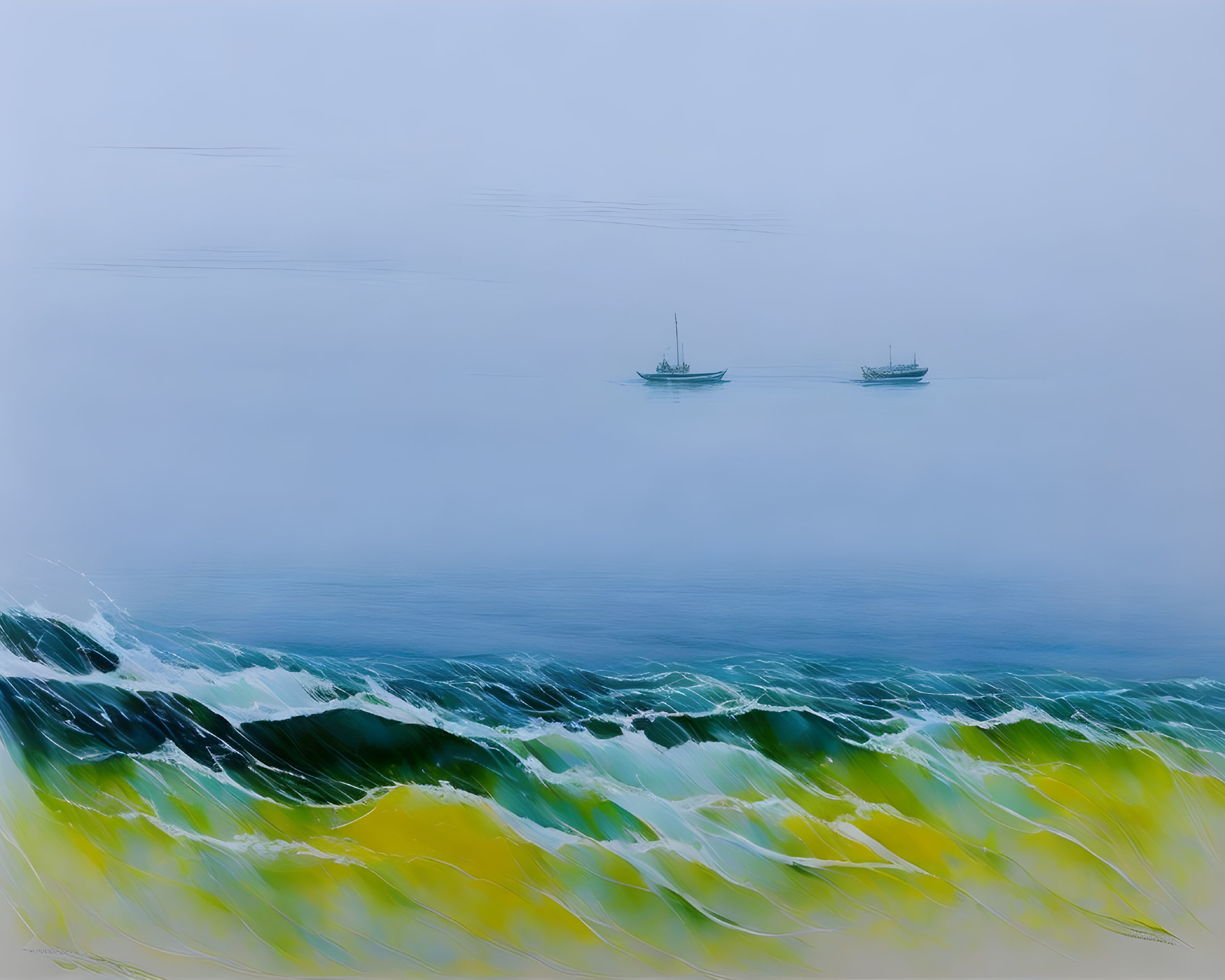 Impressionistic painting: Two boats on calm sea, wave in foreground