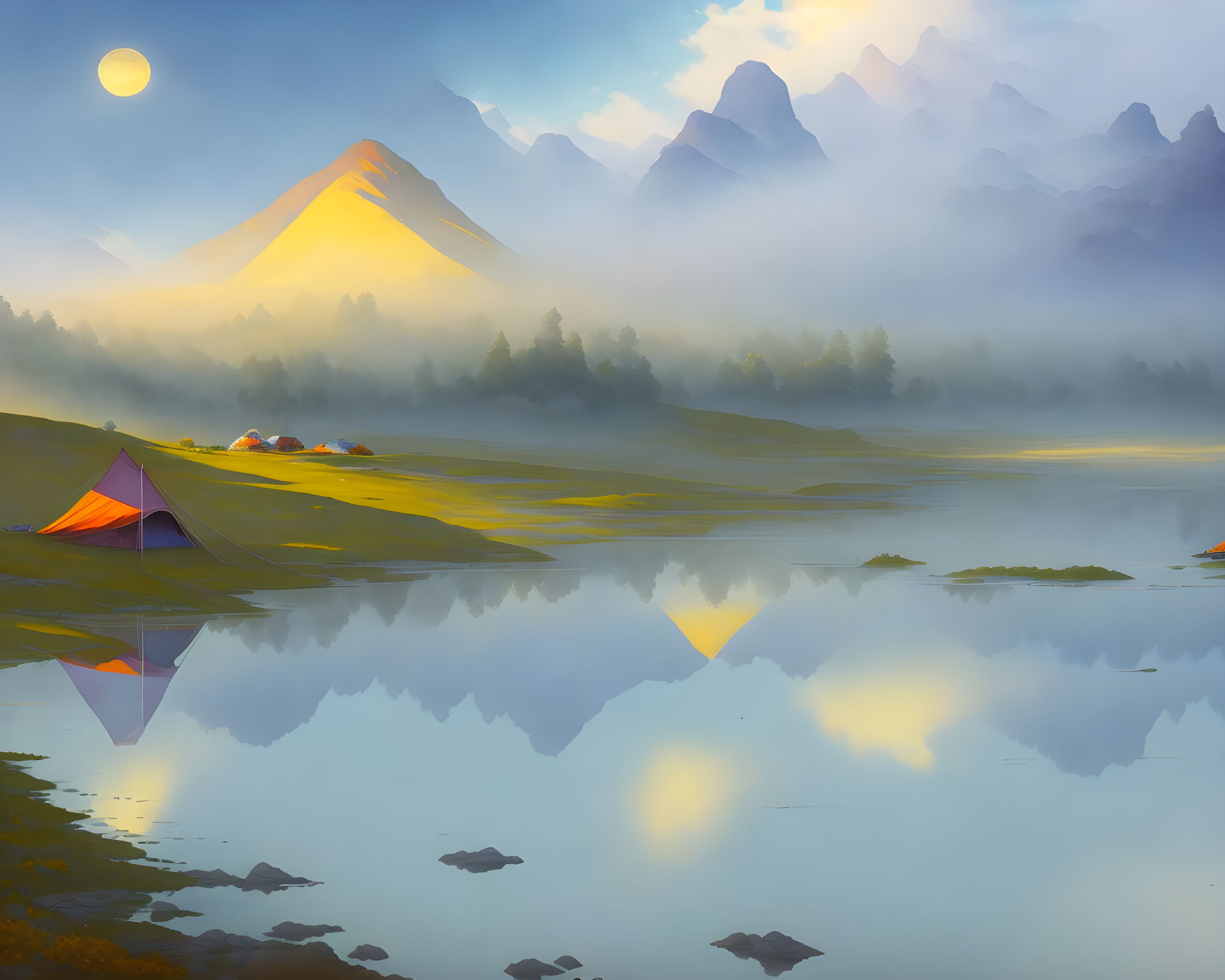 Colorful tent by serene lake reflecting mountain peak at sunrise