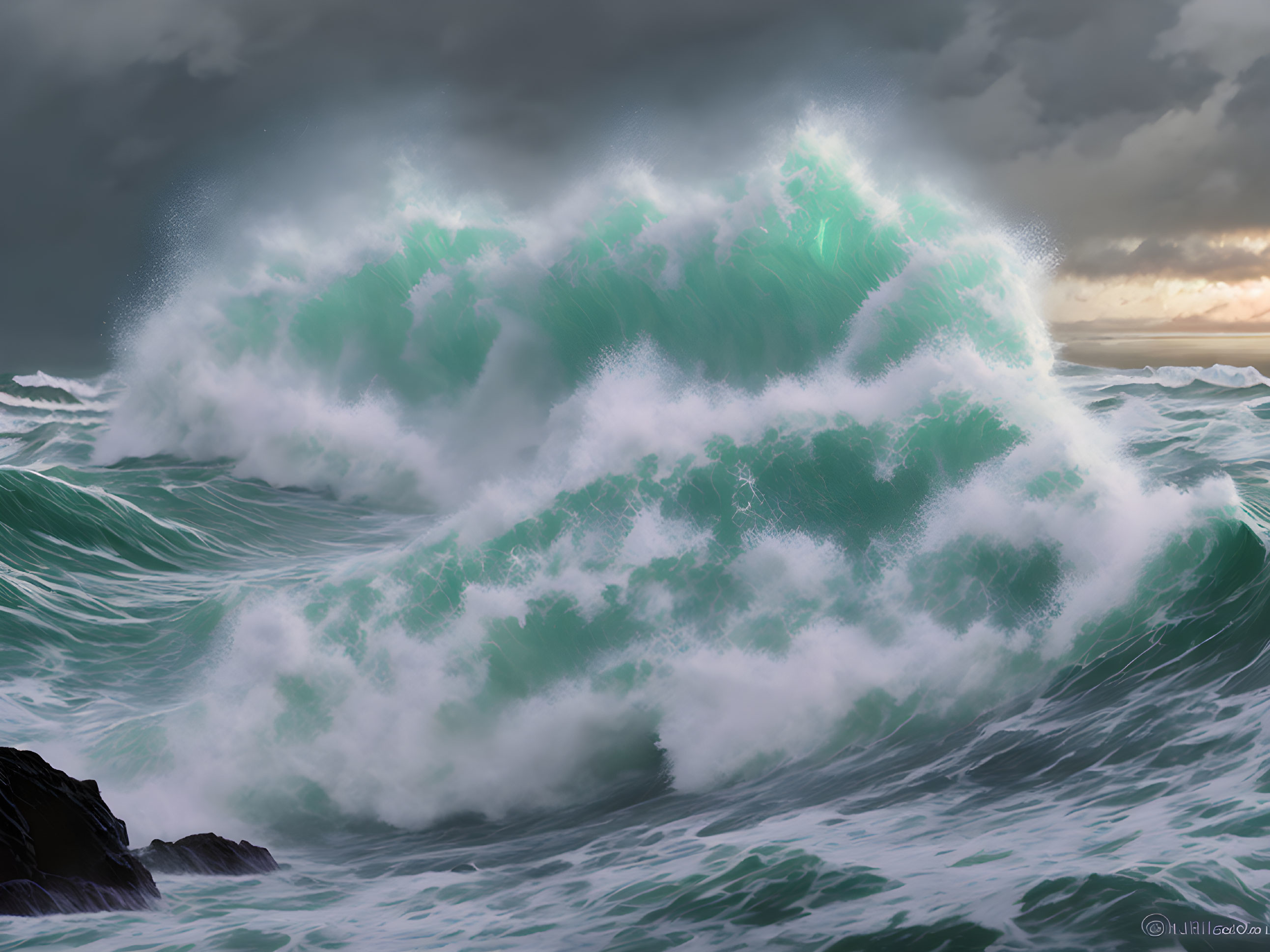 Stormy seascape with massive frothy wave cresting