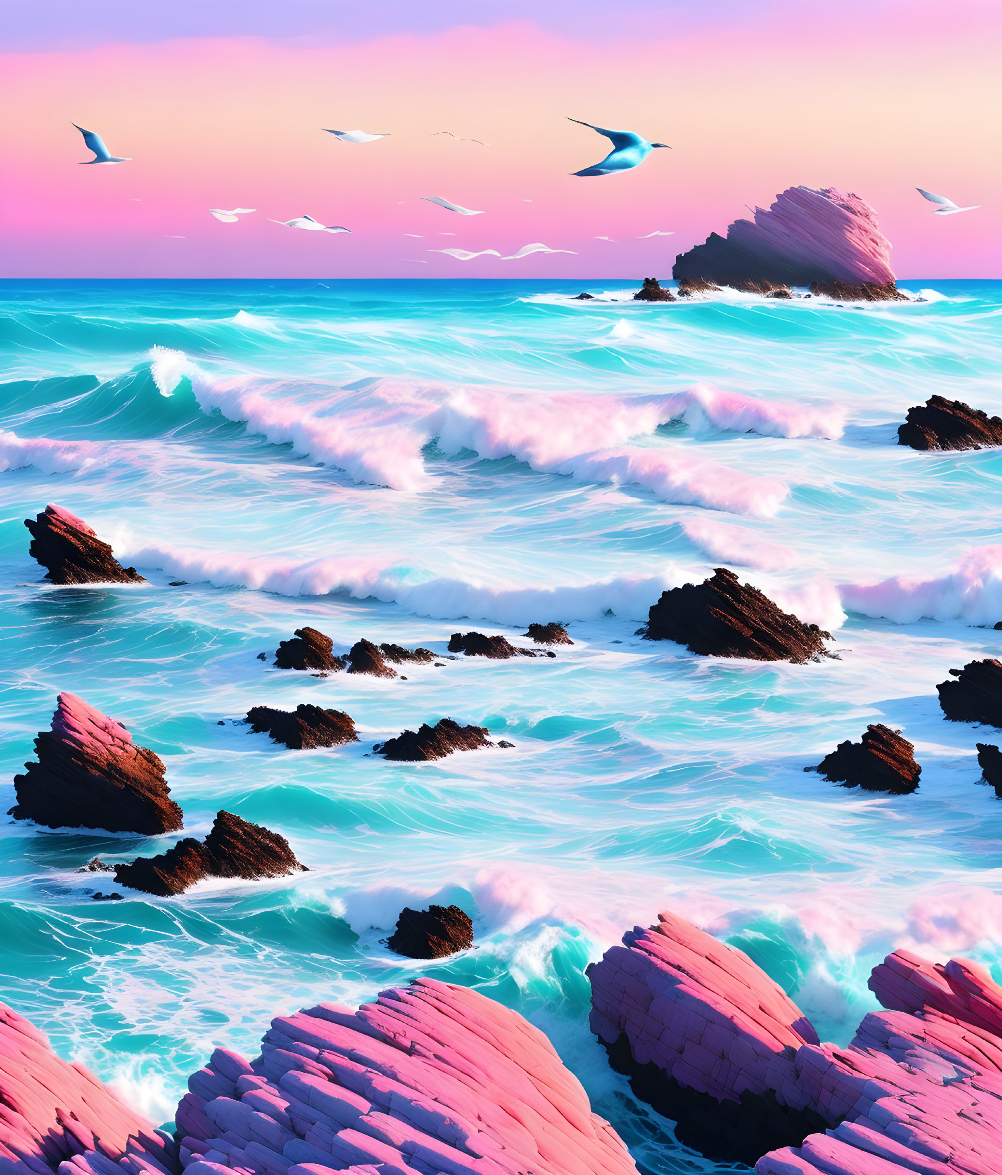 Scenic coastal view with pink rocks, blue waves, seagulls, pastel sky