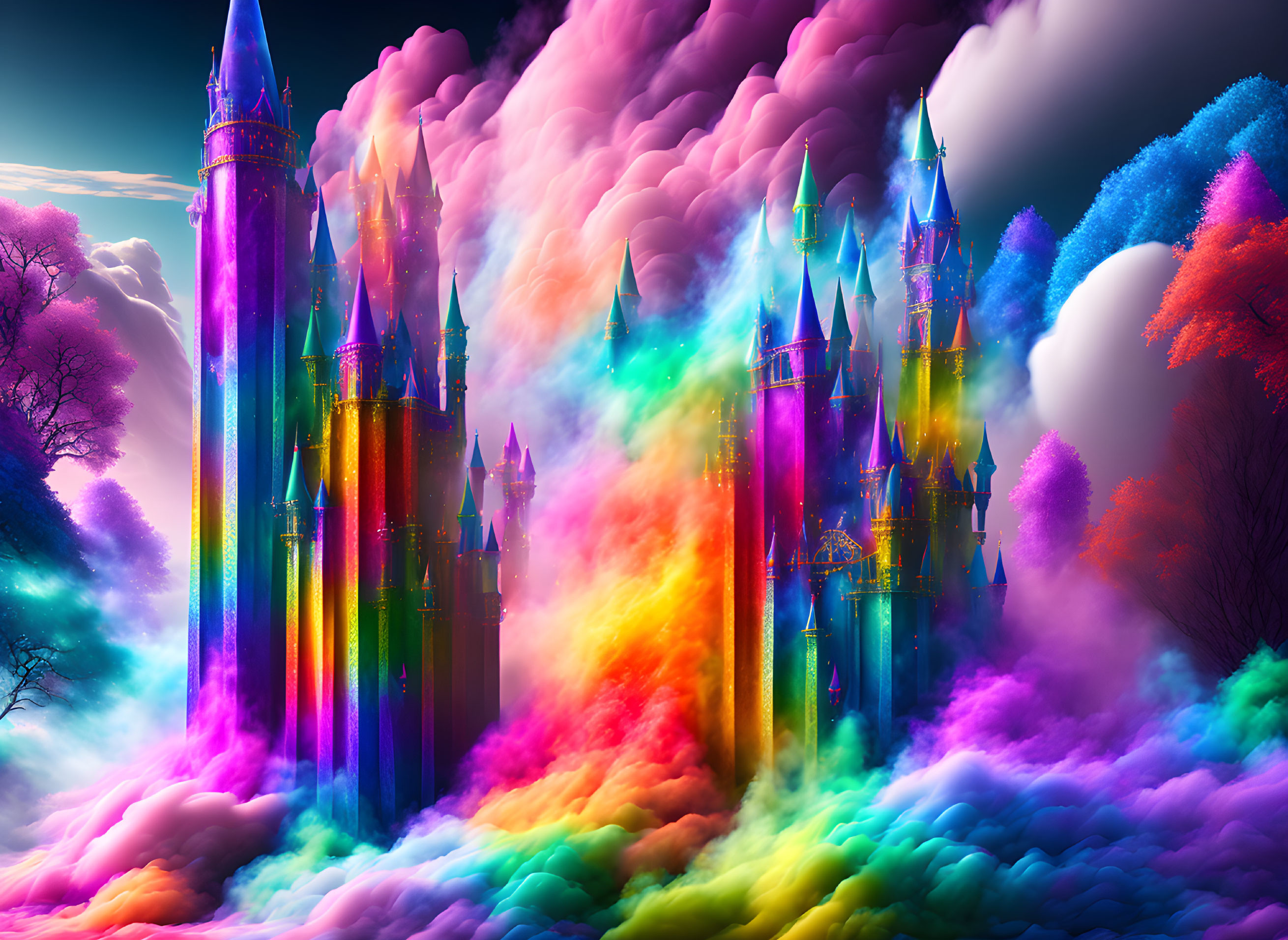 Colorful Fantasy Landscape with Magical Castles and Whimsical Trees