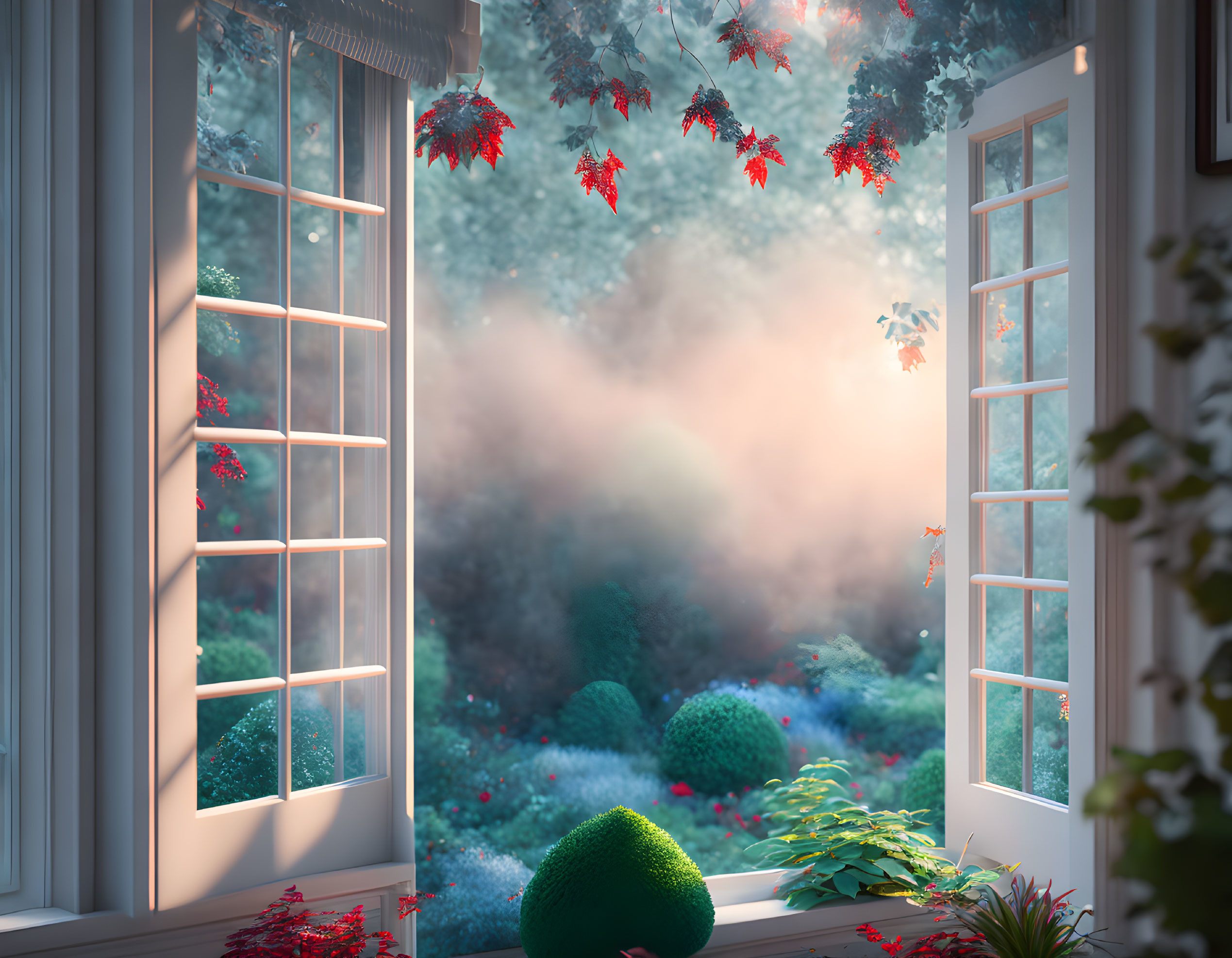 Lush garden view with mist and red-leaved branches in sunlight