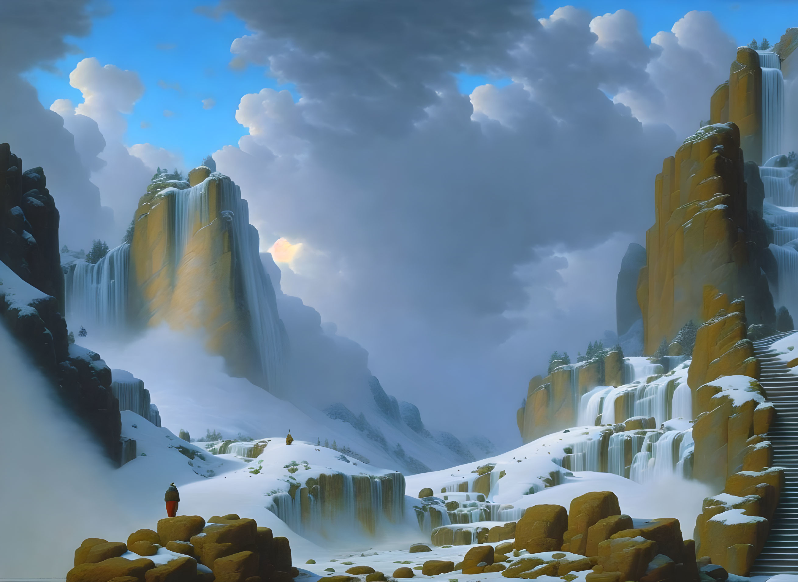 Icy cliffs, waterfalls, snow, figure, and dramatic sky in serene landscape