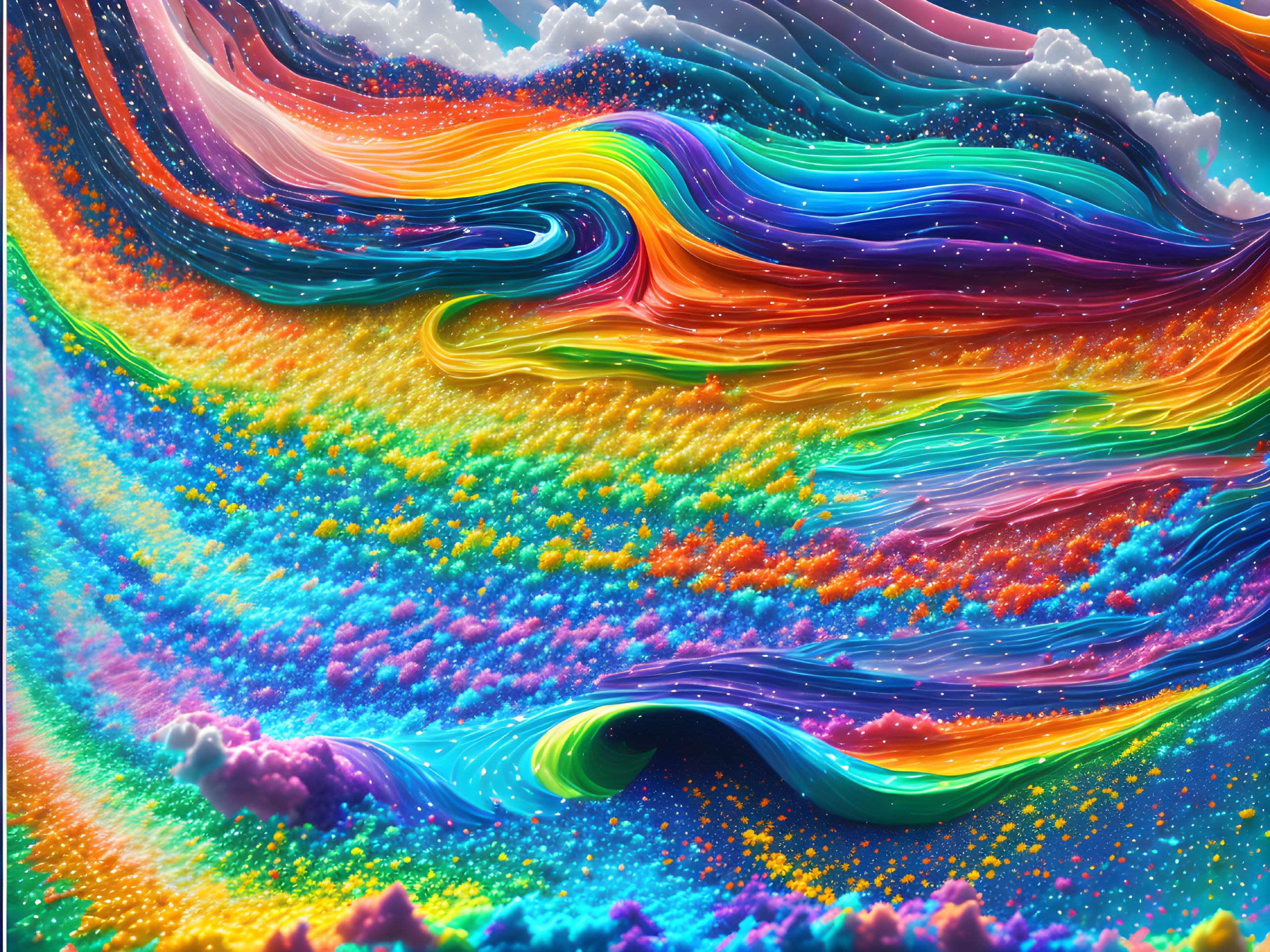 Colorful Swirling Waves on Sparkling Background