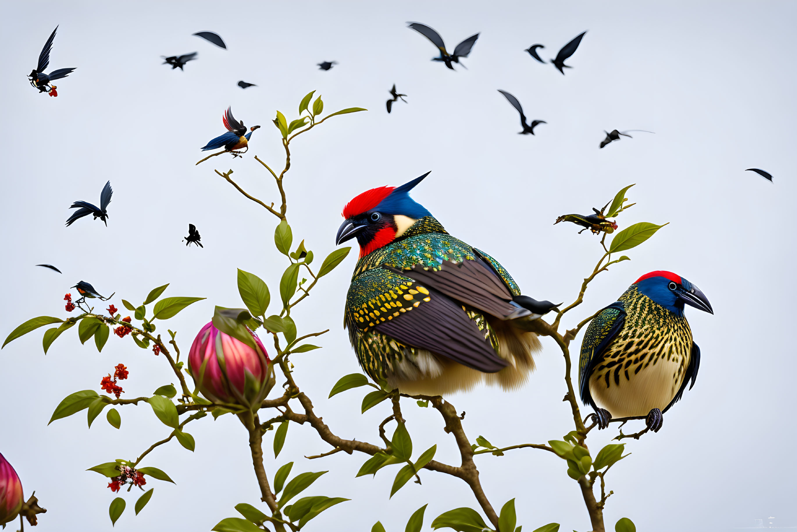 Colorful birds perched on branch with flying birds in sky